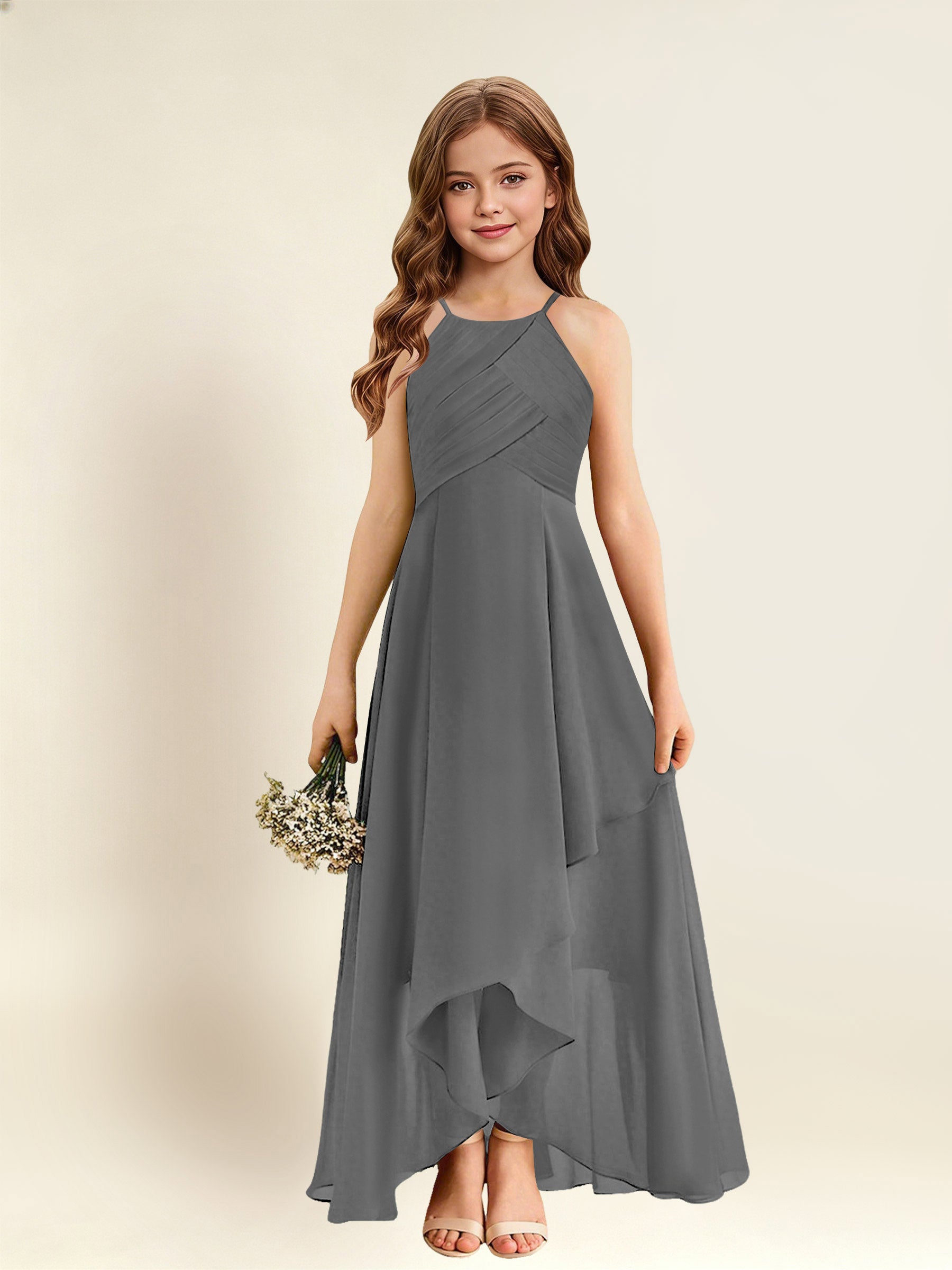 ROVDESY A-Line Halter Pleated Chiffon Junior Bridesmaid Dress