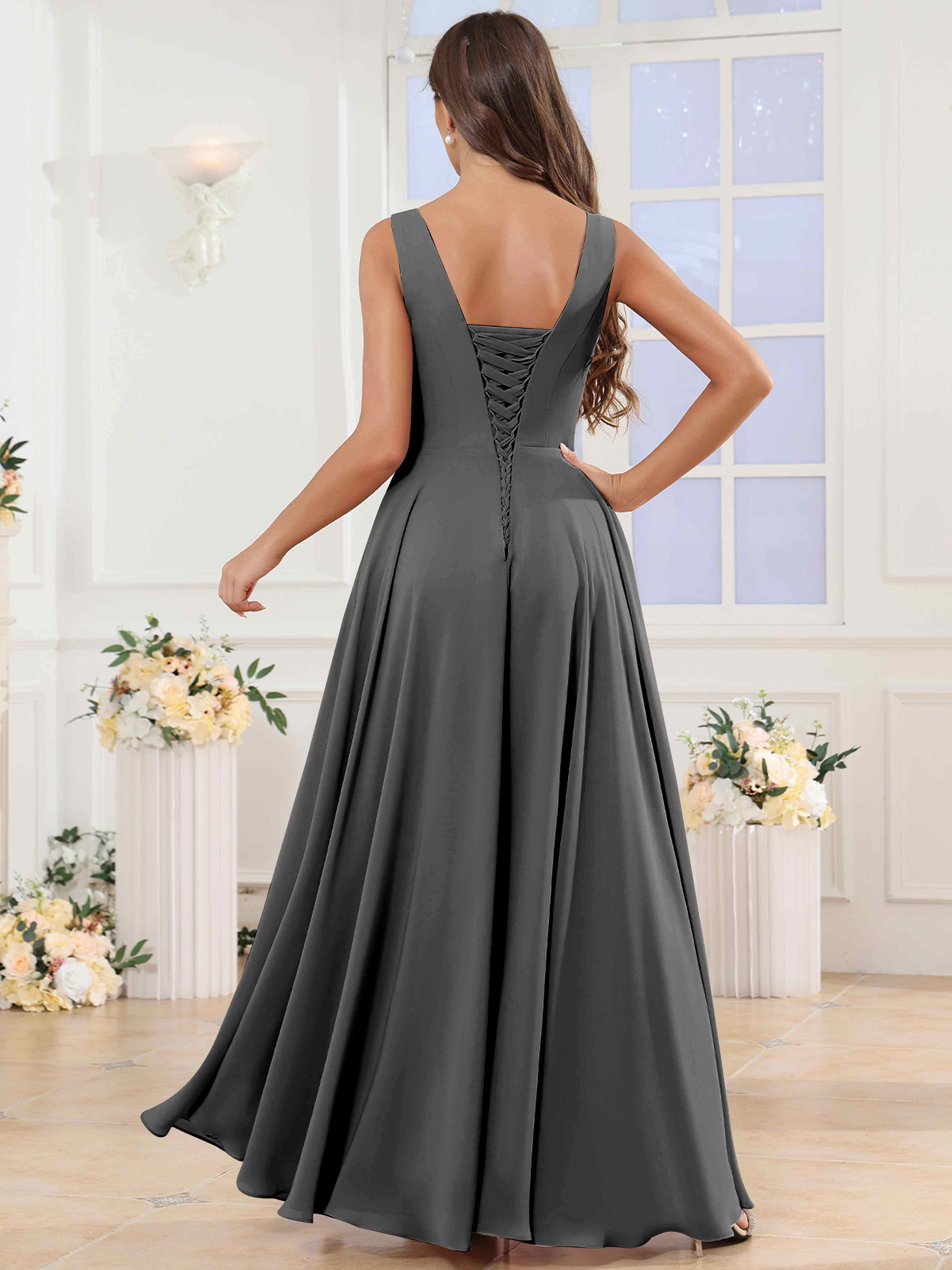 ROVDESY V-Neck Pleated Sleeveless Ruffle Chiffon Bridesmaid Dress With Slit