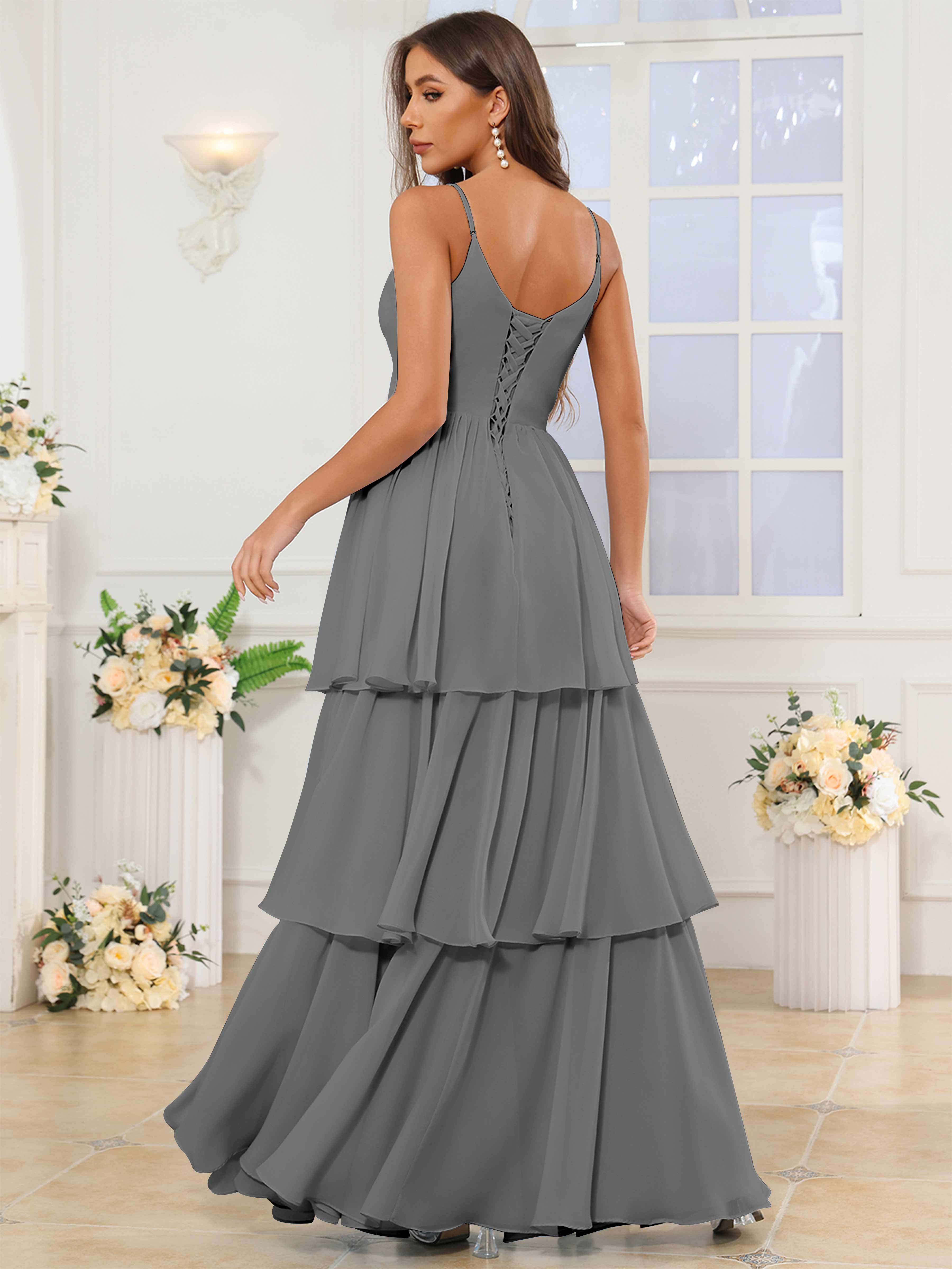 ROVDESY V-Neck Spaghetti Straps Tiered Chiffon Bridesmaid Dress With Ruffles