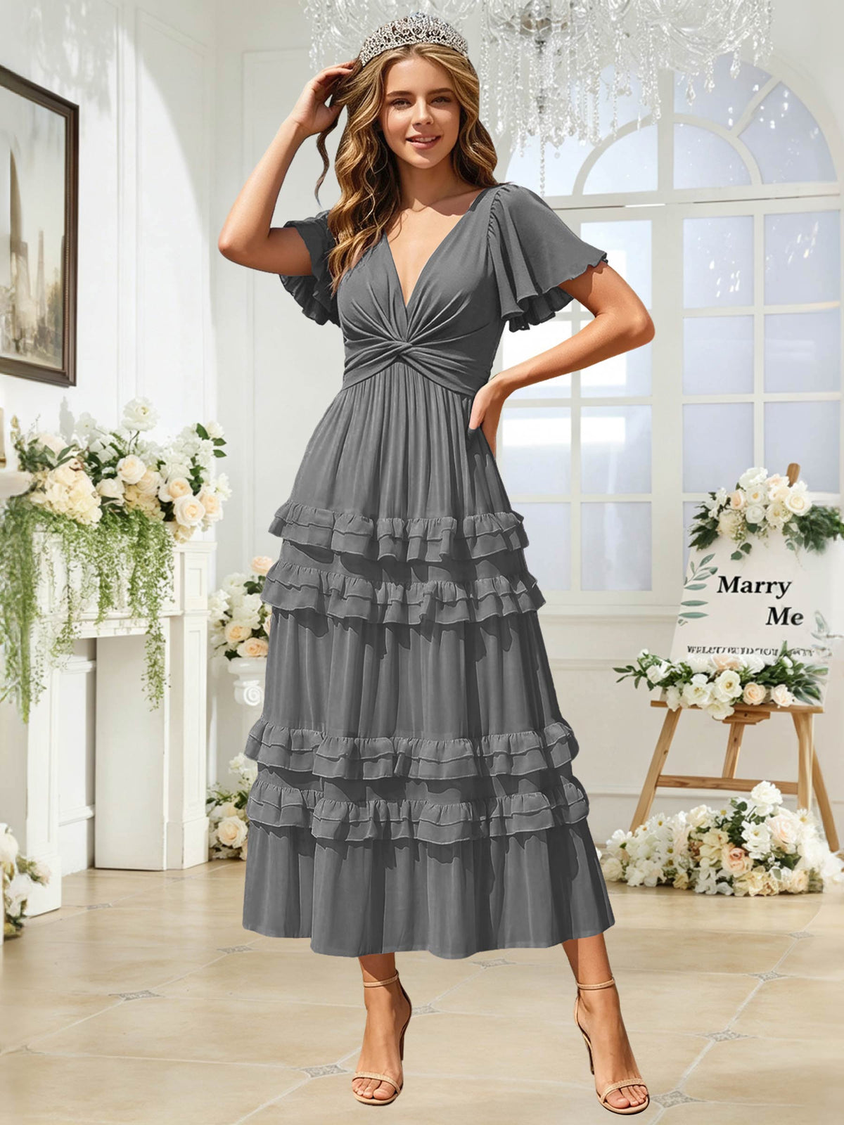 A Line Chiffon Pleated Bridesmaid Dress with Sleeves