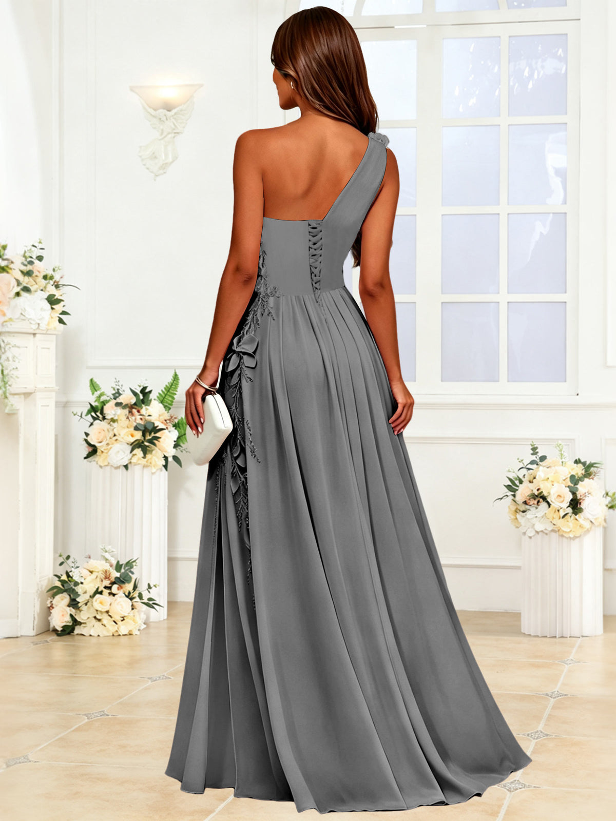 One Shoulder 3D Flower Chiffon Bridesmaid Dress with Slit