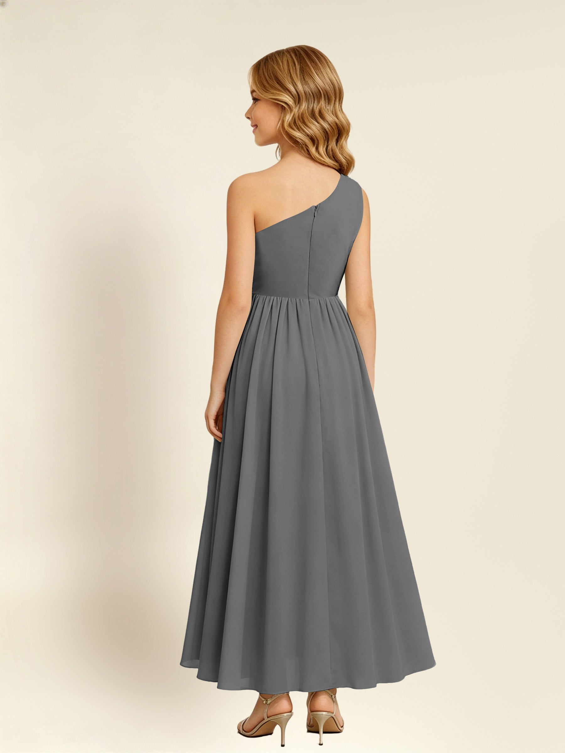 ROVDESY One Shoulder Twist Waist Chiffon Junior Bridesmaid Maxi Dress