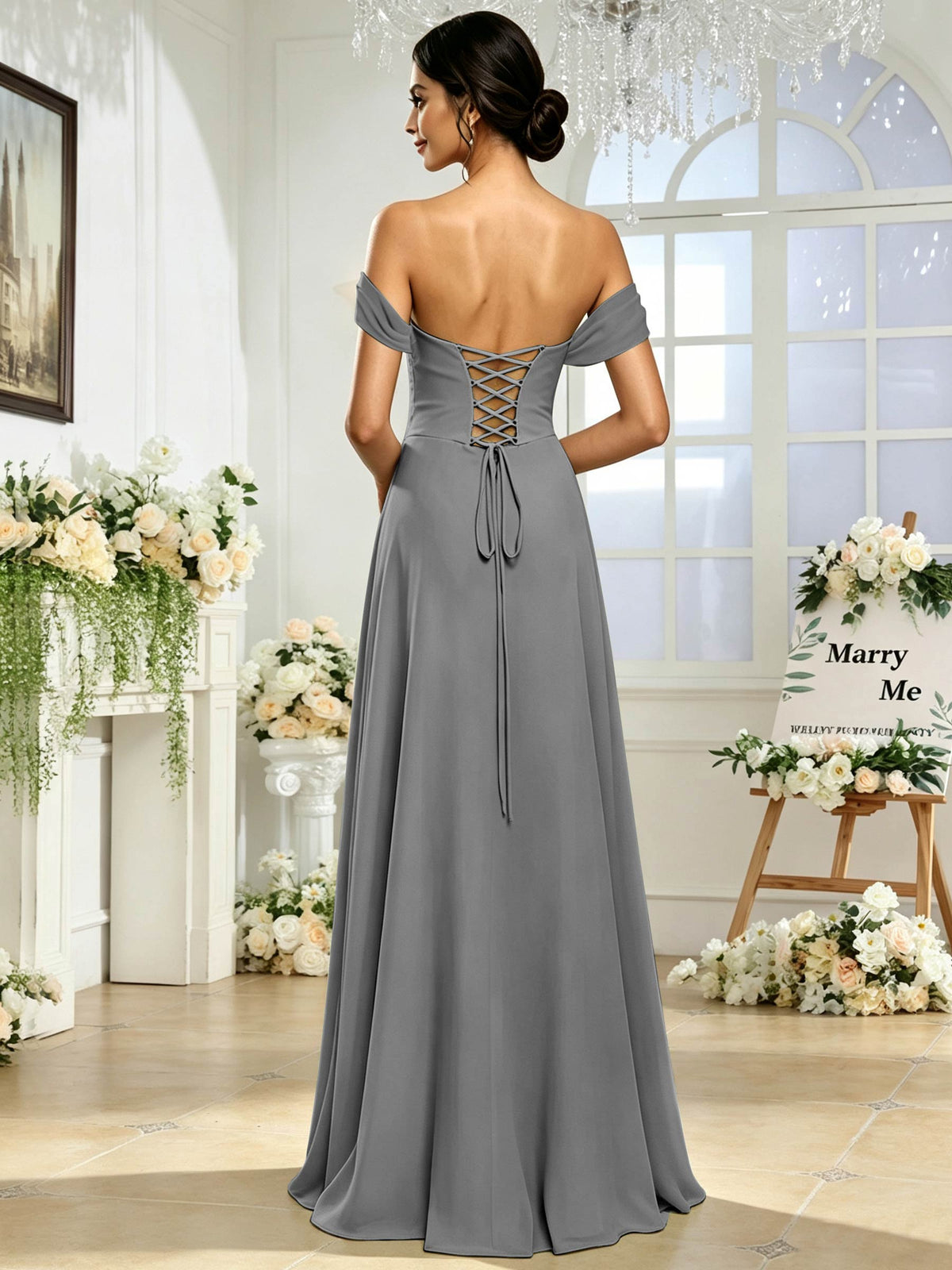 Off the Shoulder Chiffon A Line Long Bridesmaid Dress with Slit