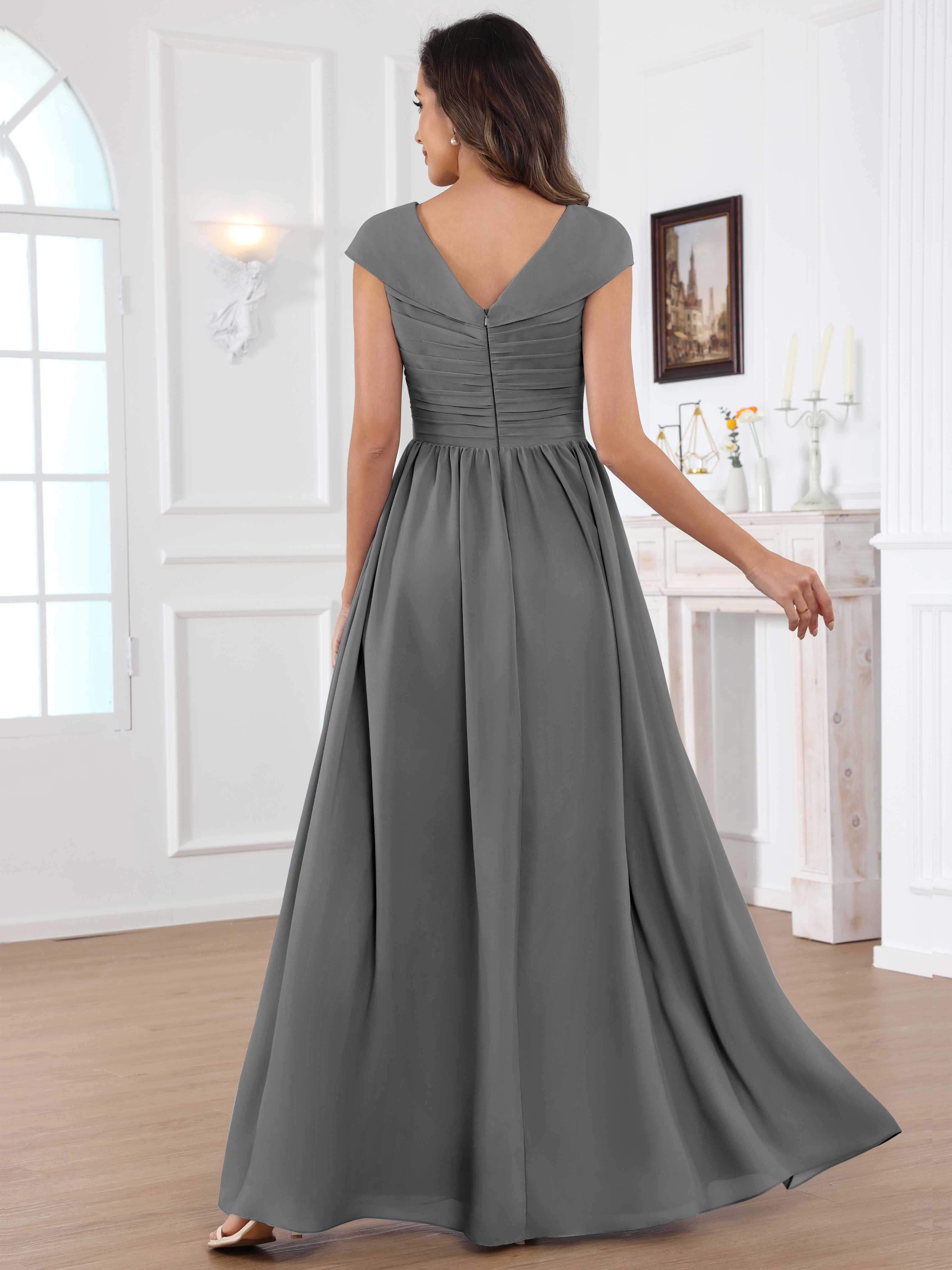 ROVDESY A-Line Cap Sleeves Pleated Chiffon Mother Of The Bride Dress