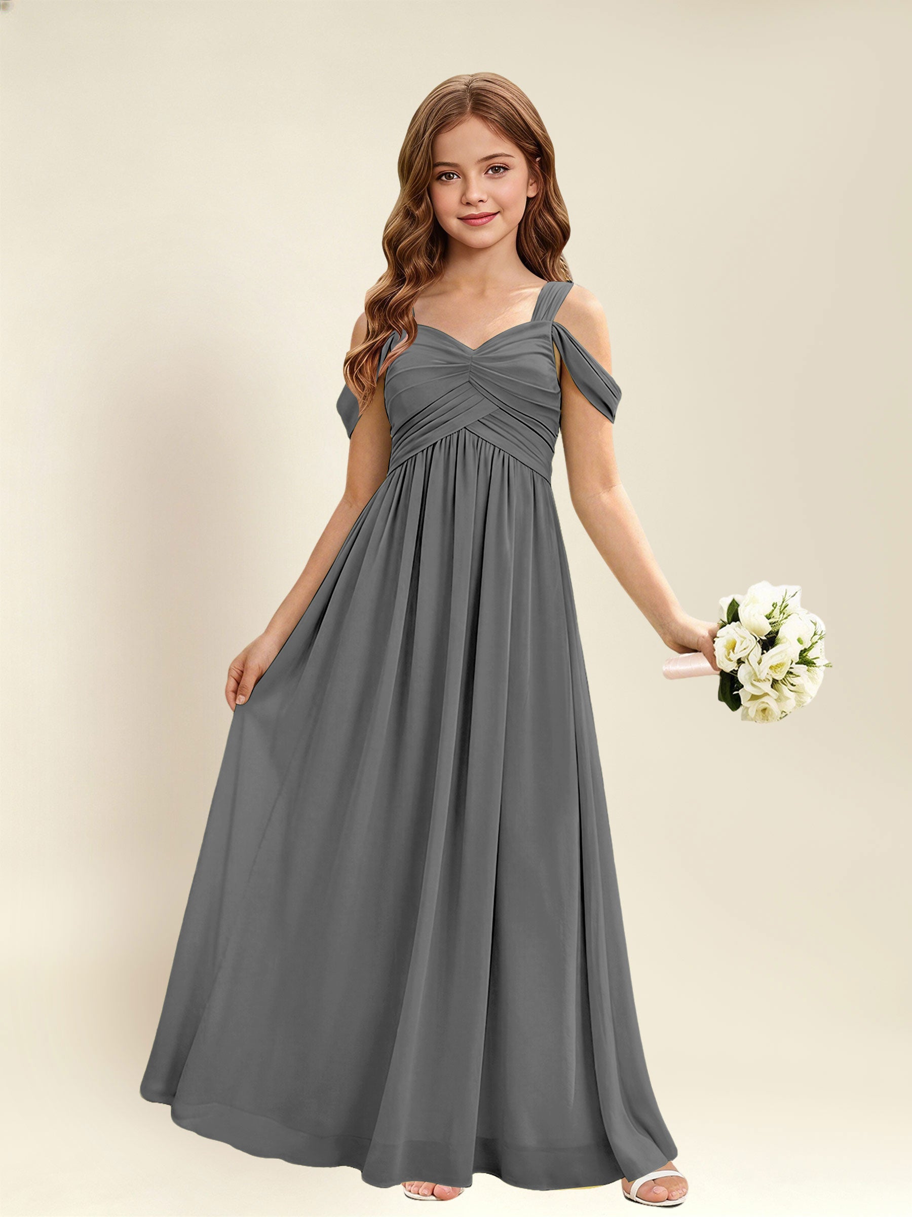 ROVDESY A-Line Off The Shoulder Pleated Chiffon Junior Bridesmaid Dress