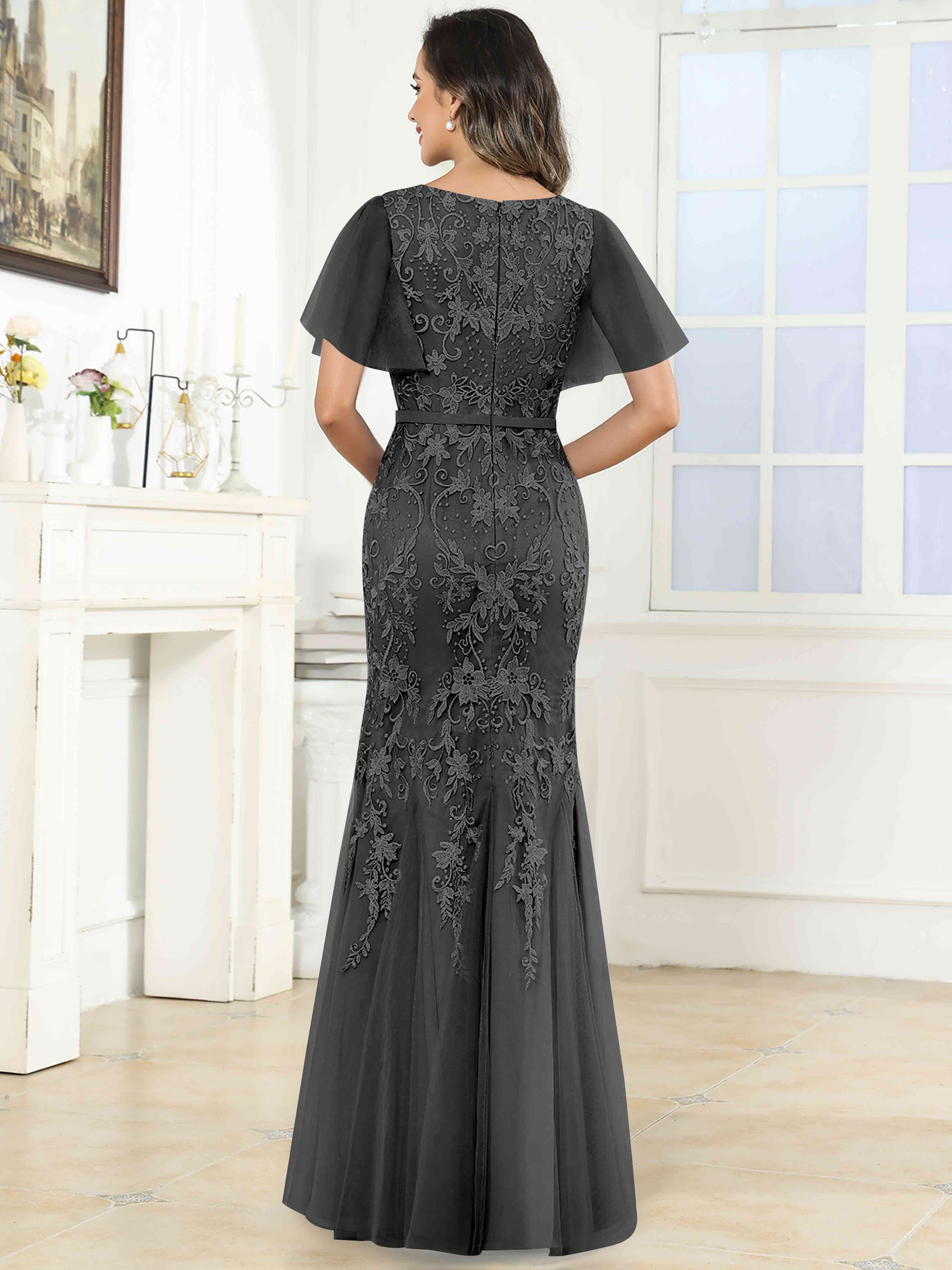 ROVDESY Elegant V-Neck Lace Mermaid Long Mother Of The Bride Dress Formal Gown With Sleeves