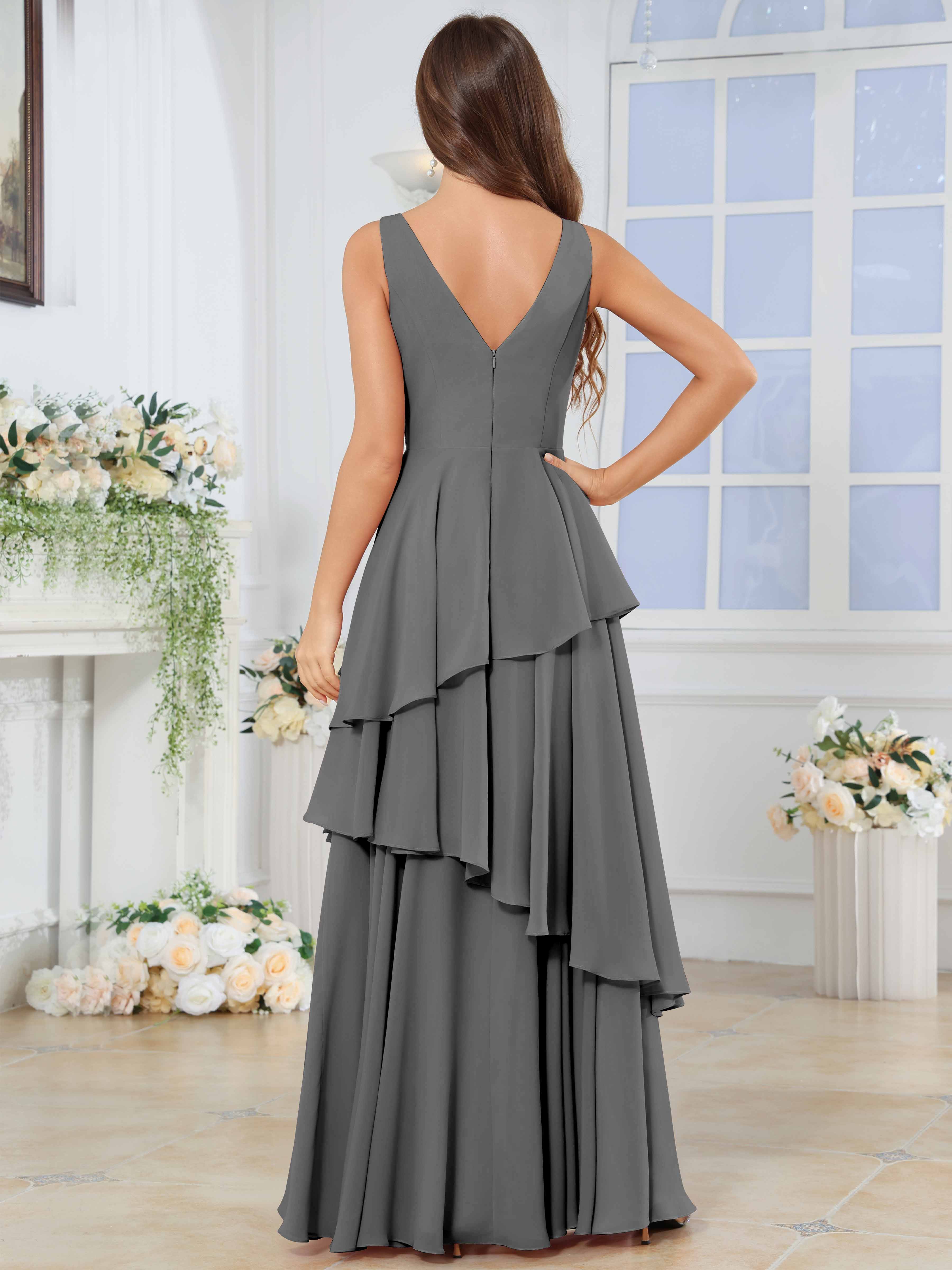 ROVDESY Long Sleeveless V-Neck Tiered Pleated Chiffon Bridesmaid Dress