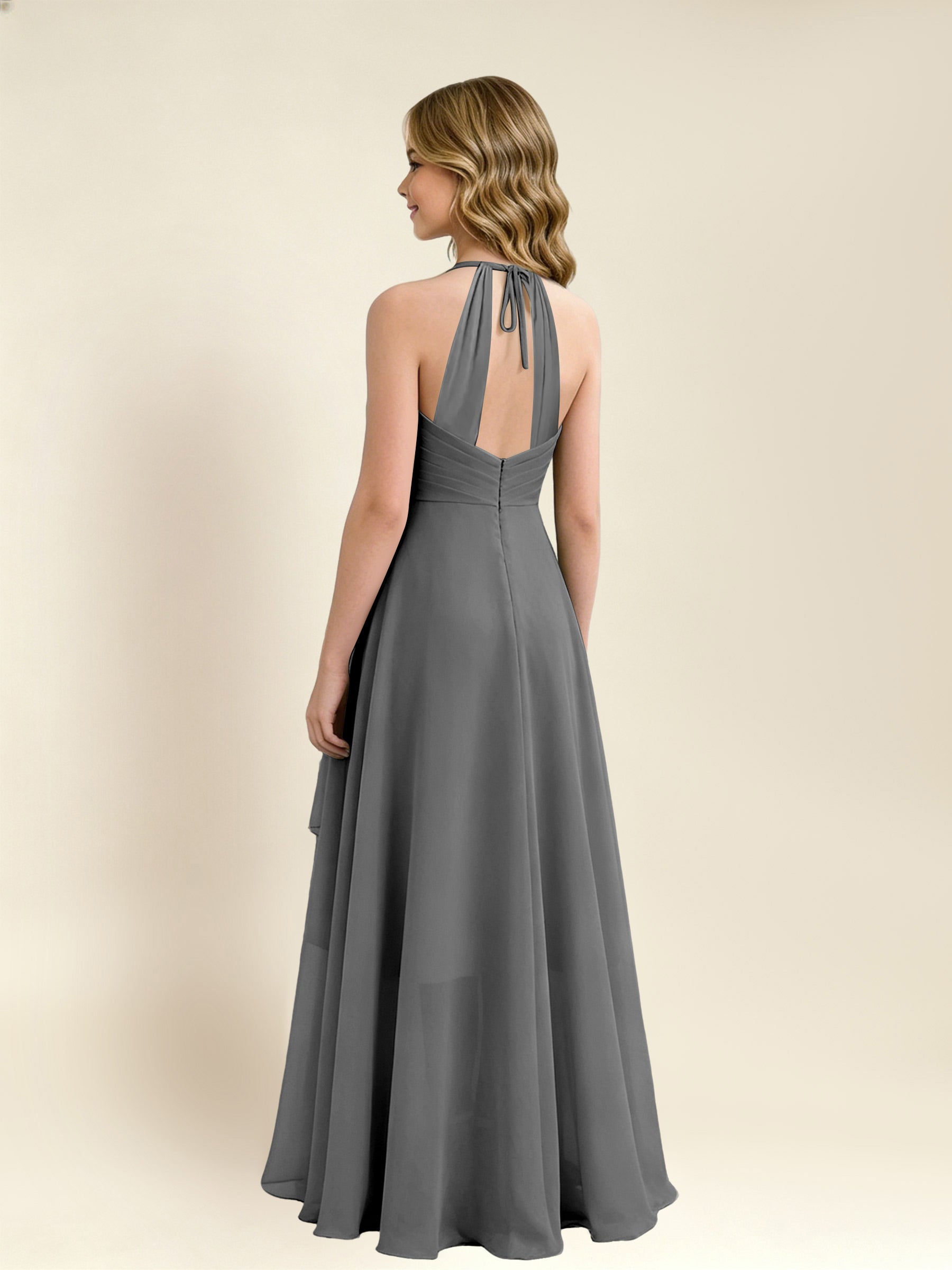 ROVDESY A-Line Halter Pleated Chiffon Junior Bridesmaid Dress