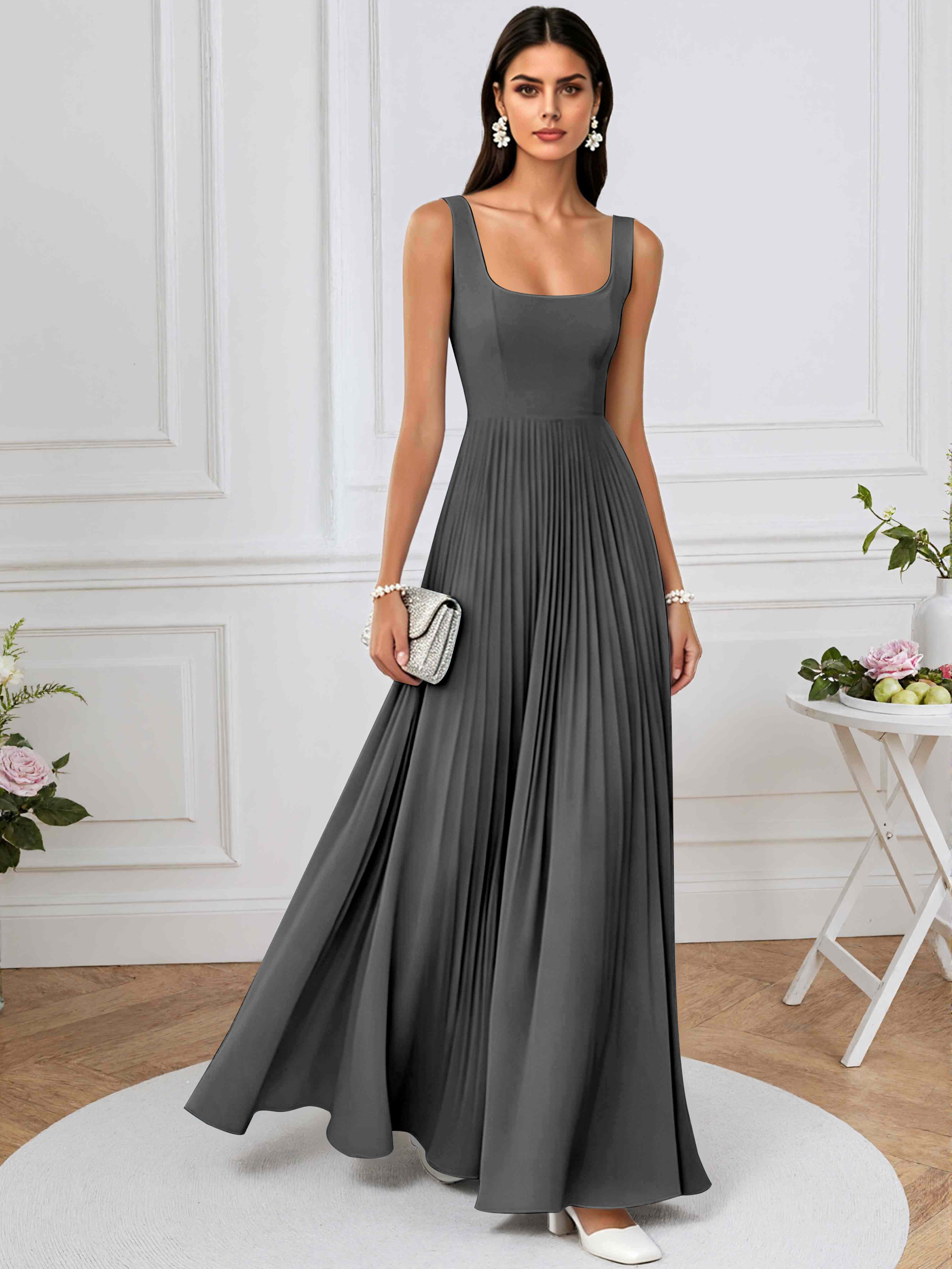 ROVDESY A-Line Square Neck Pleated Chiffon Long Bridesmaid/Prom Dress