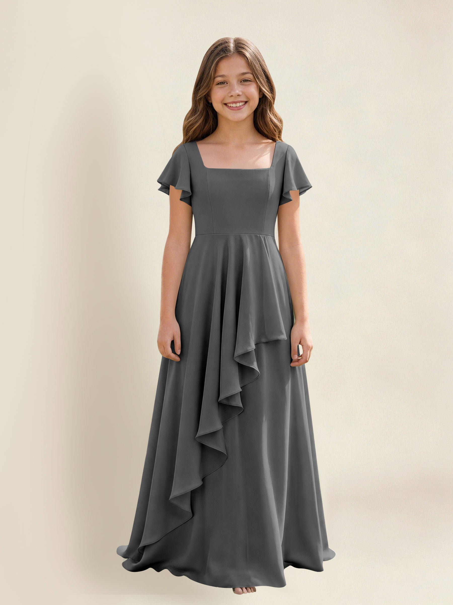 ROVDESY A-Line Square Neck Ruffle Chiffon Junior Bridesmaid Dress With Short Sleeves