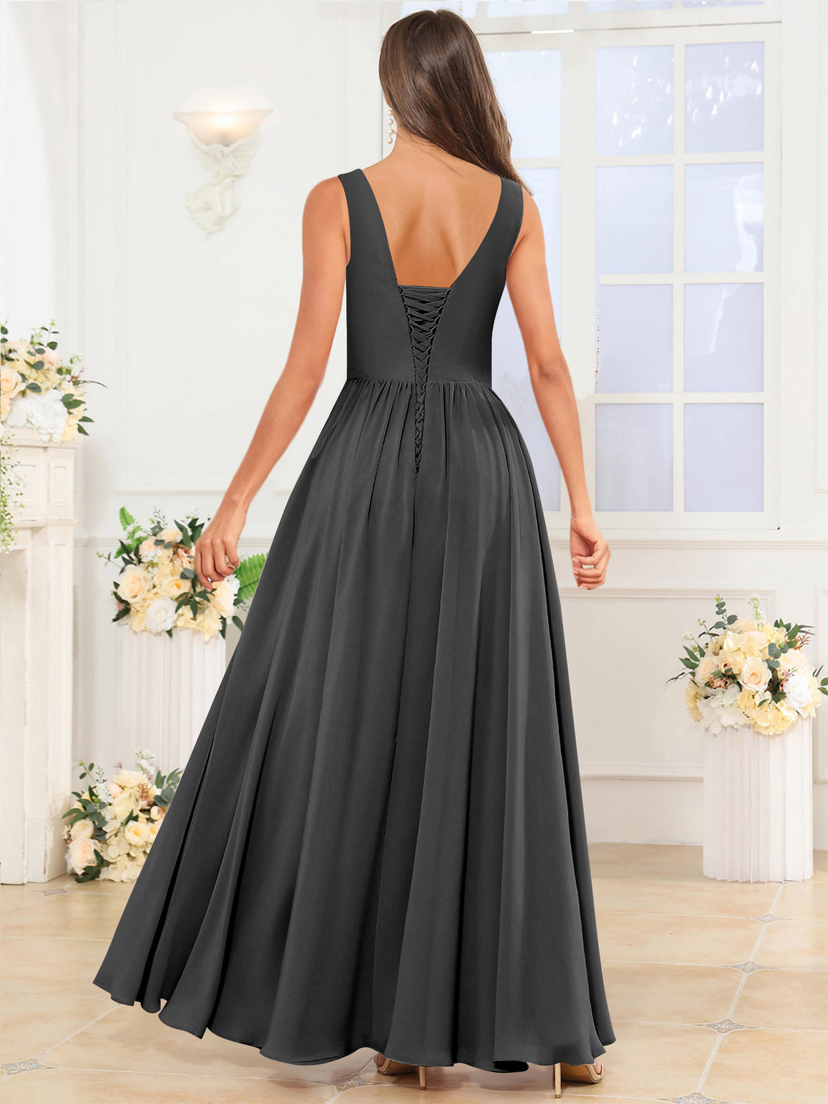 V Neck Chiffon A Line Bridesmaid Dress with Slit