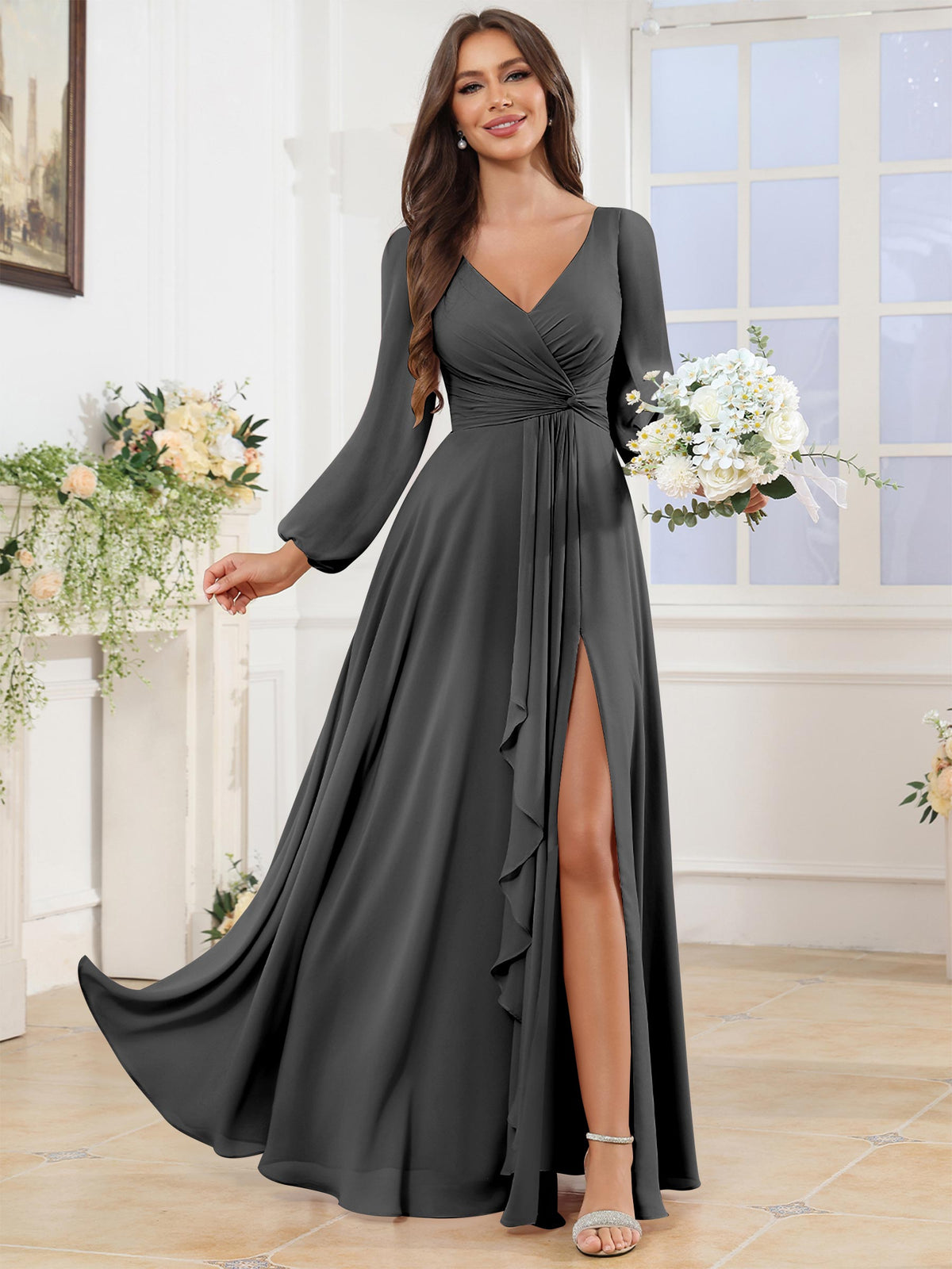 V Neck Chiffon Long Sleeve Bridesmaid Dresses with Slit