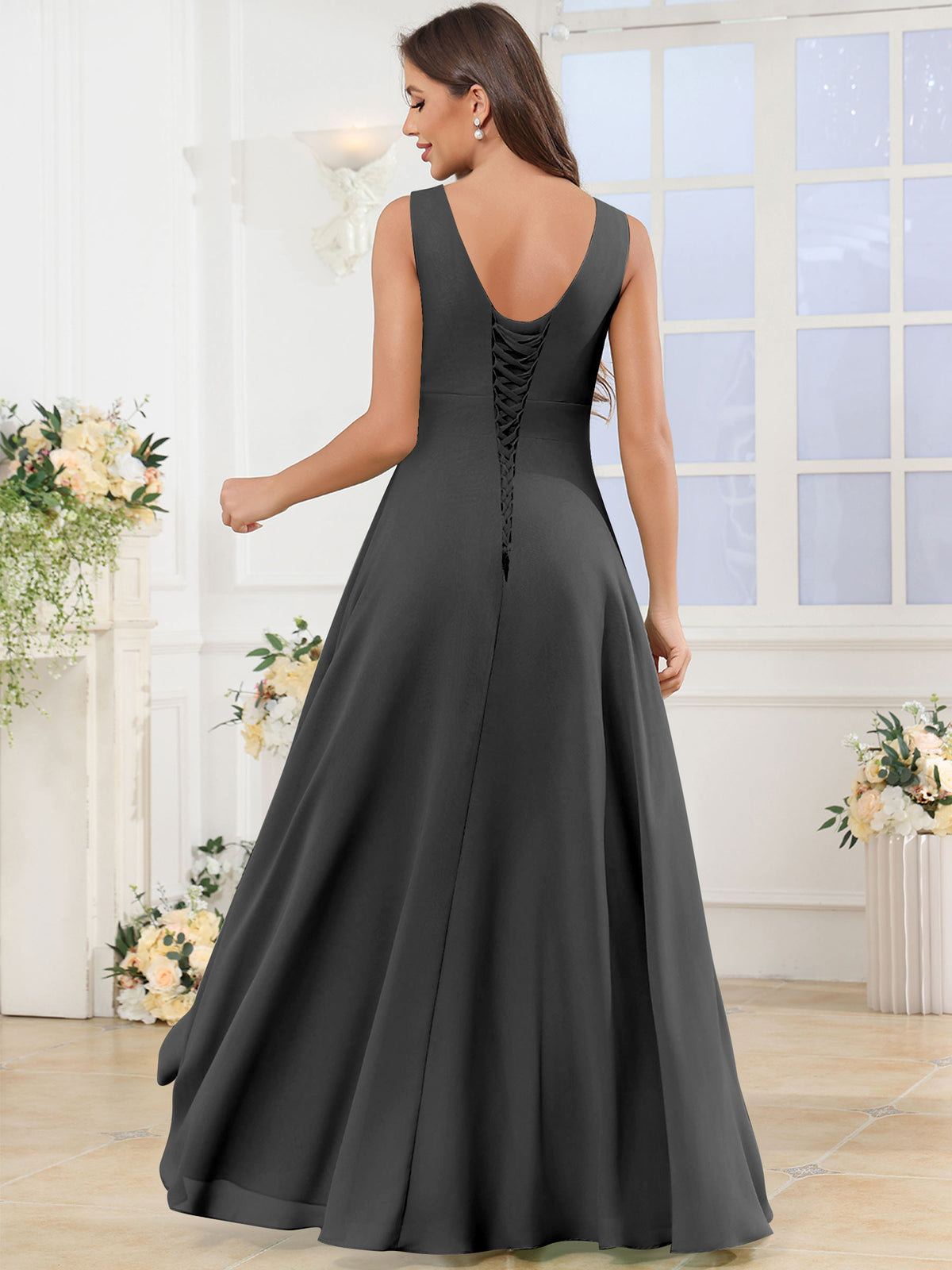 V Neck Chiffon A Line Ruffle Bridesmaid Dress with Slit