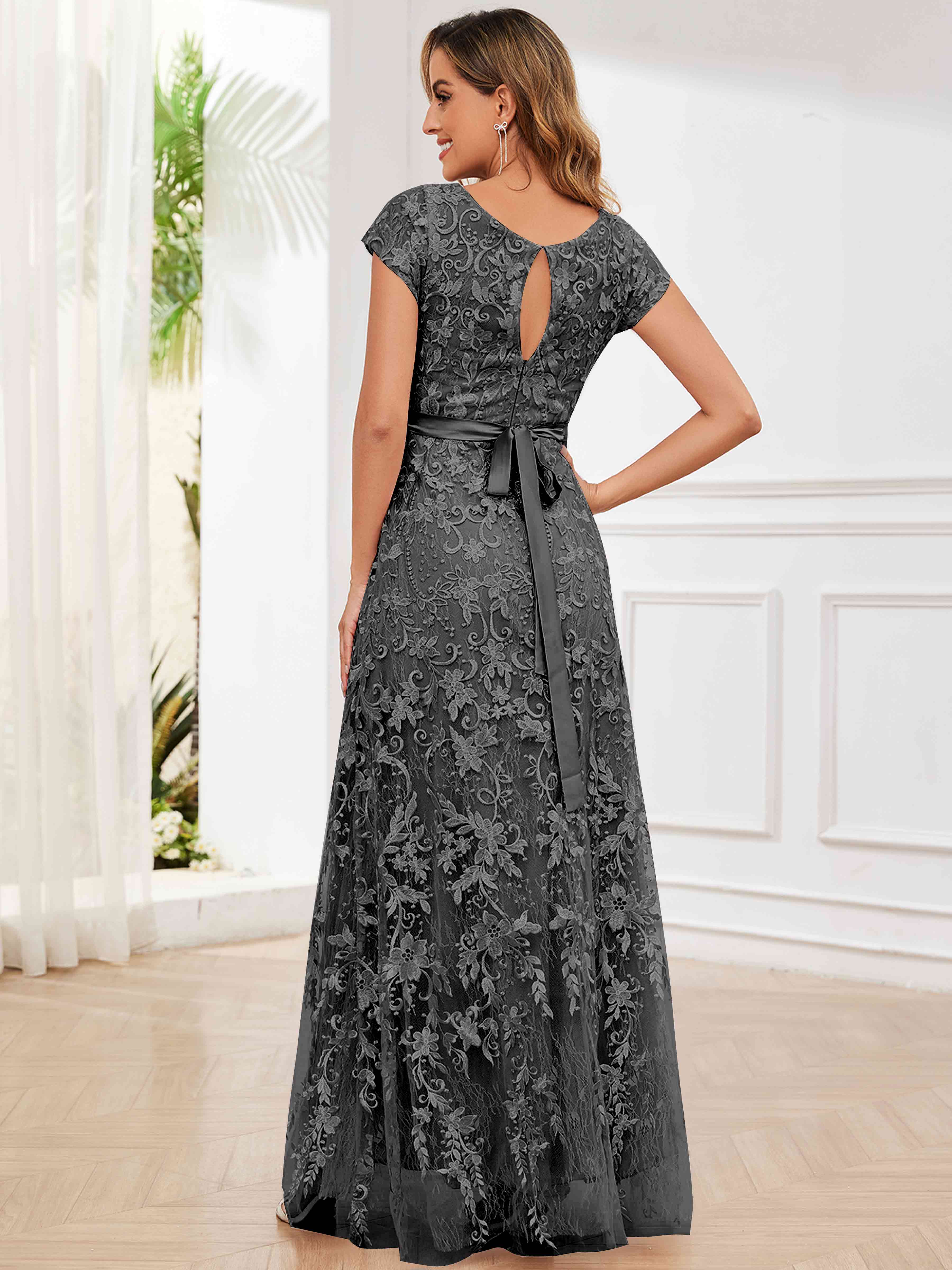 ROVDESY Elegant Lace Mother Of The Bride Dress With Short Sleeves Formal Gown