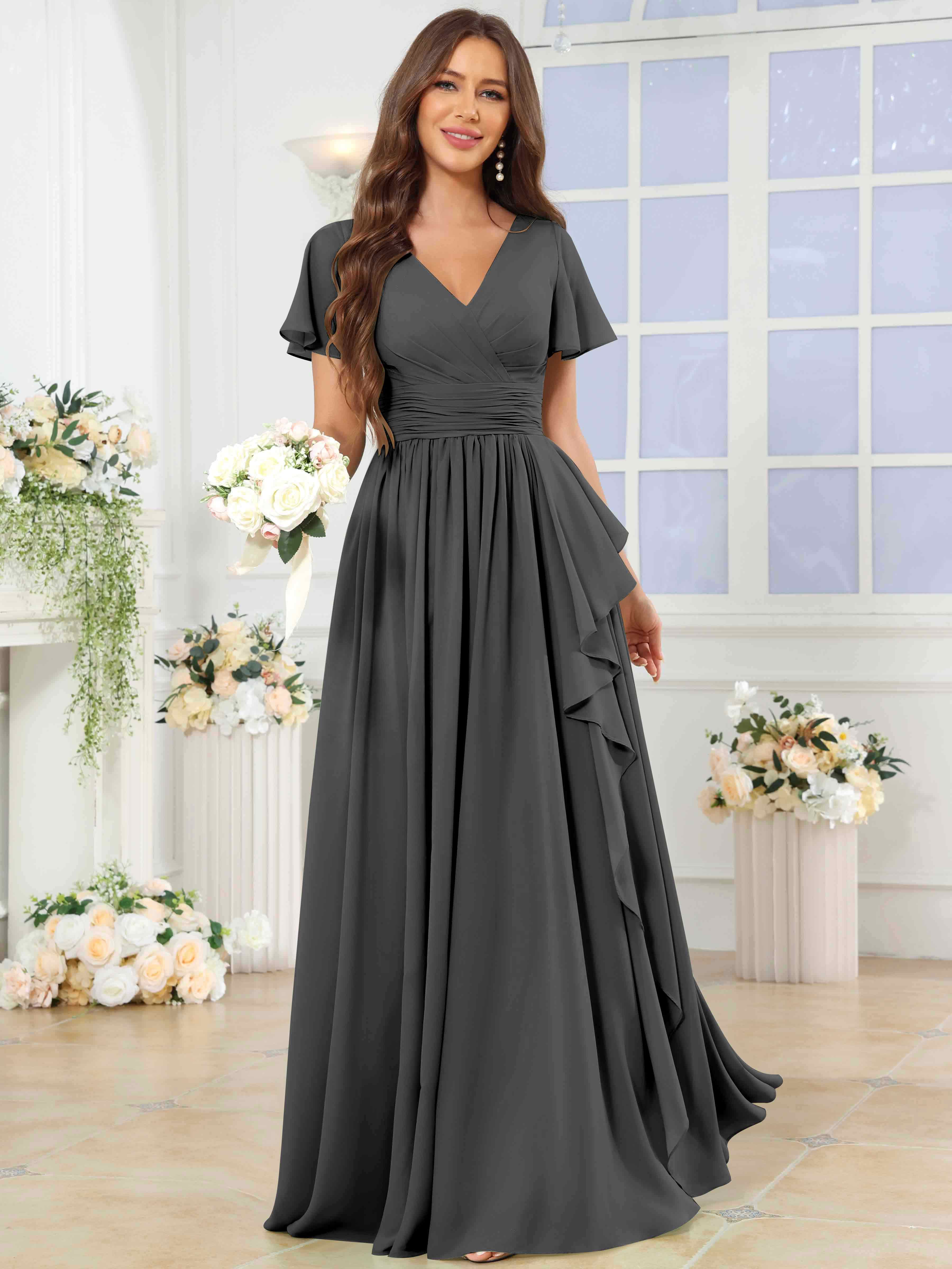 ROVDESY A-Line V-Neck Slit Pleated Ruffle Chiffon Bridesmaid Dress With Short Sleeves