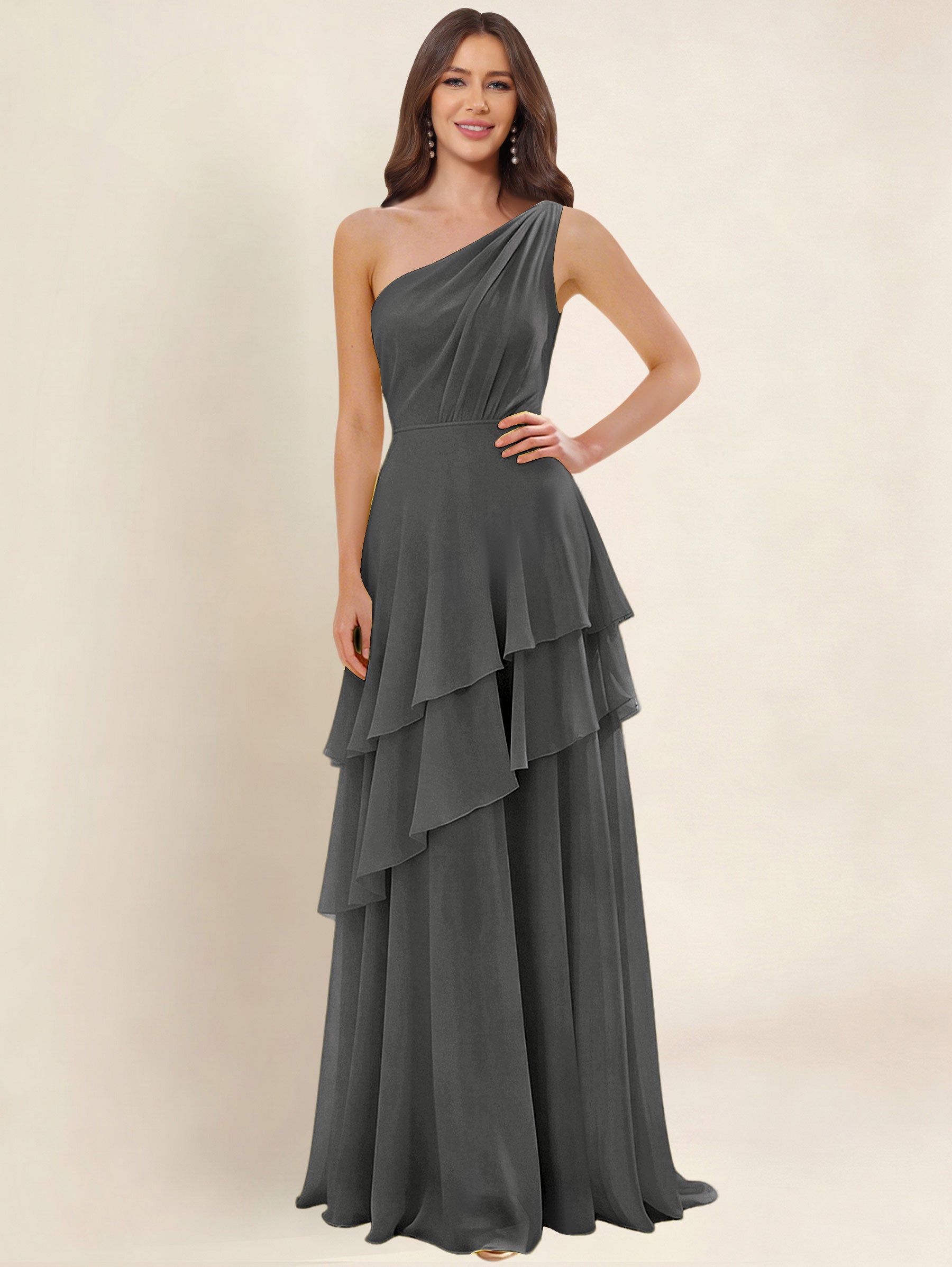 ROVDESY A-Line One Shoulder Pleated Tiered Chiffon Bridesmaid Dress