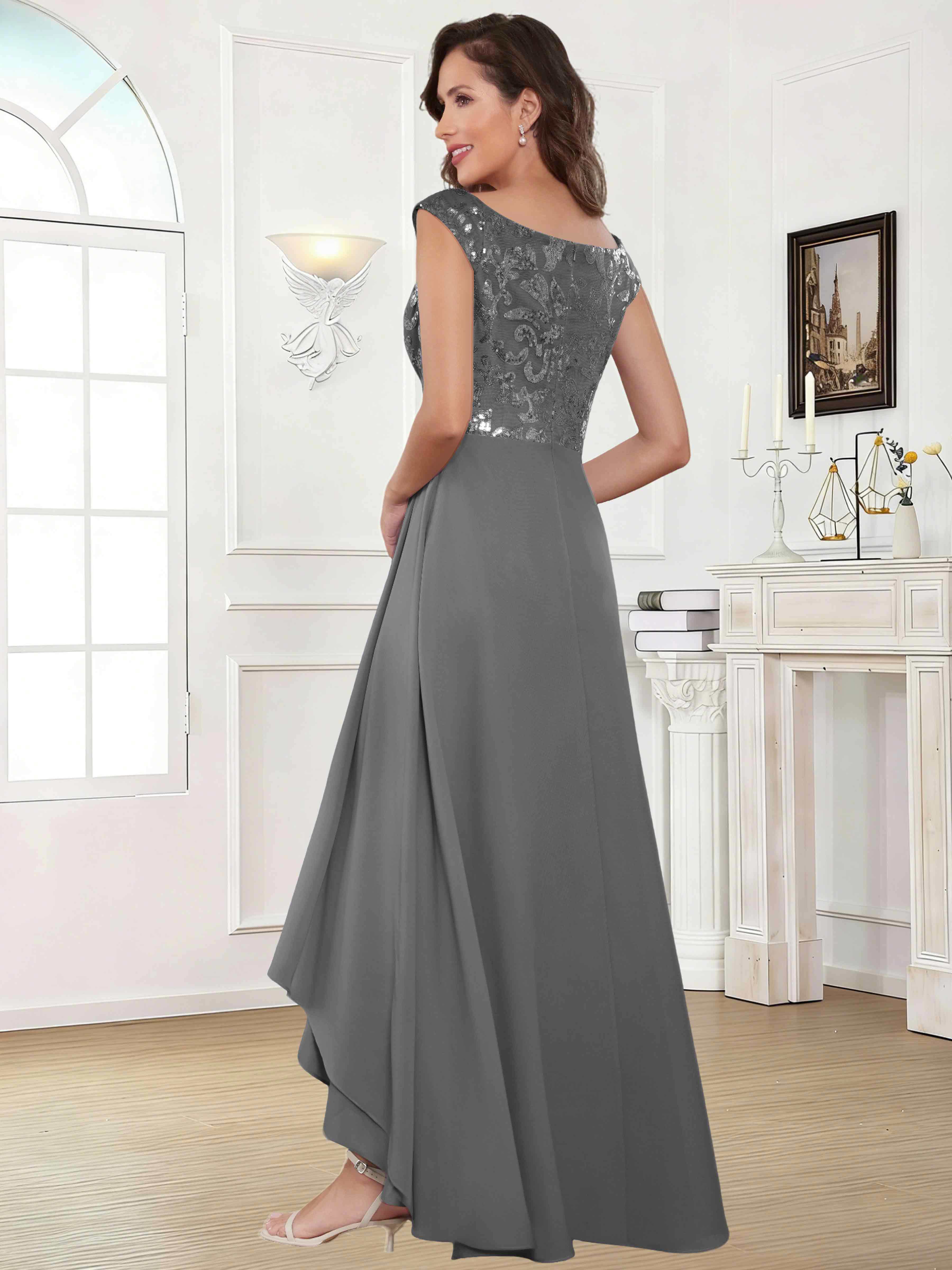 ROVDESY Tea Length Off-The-Shoulder Sequin Chiffon Mother Of The Bride Dress