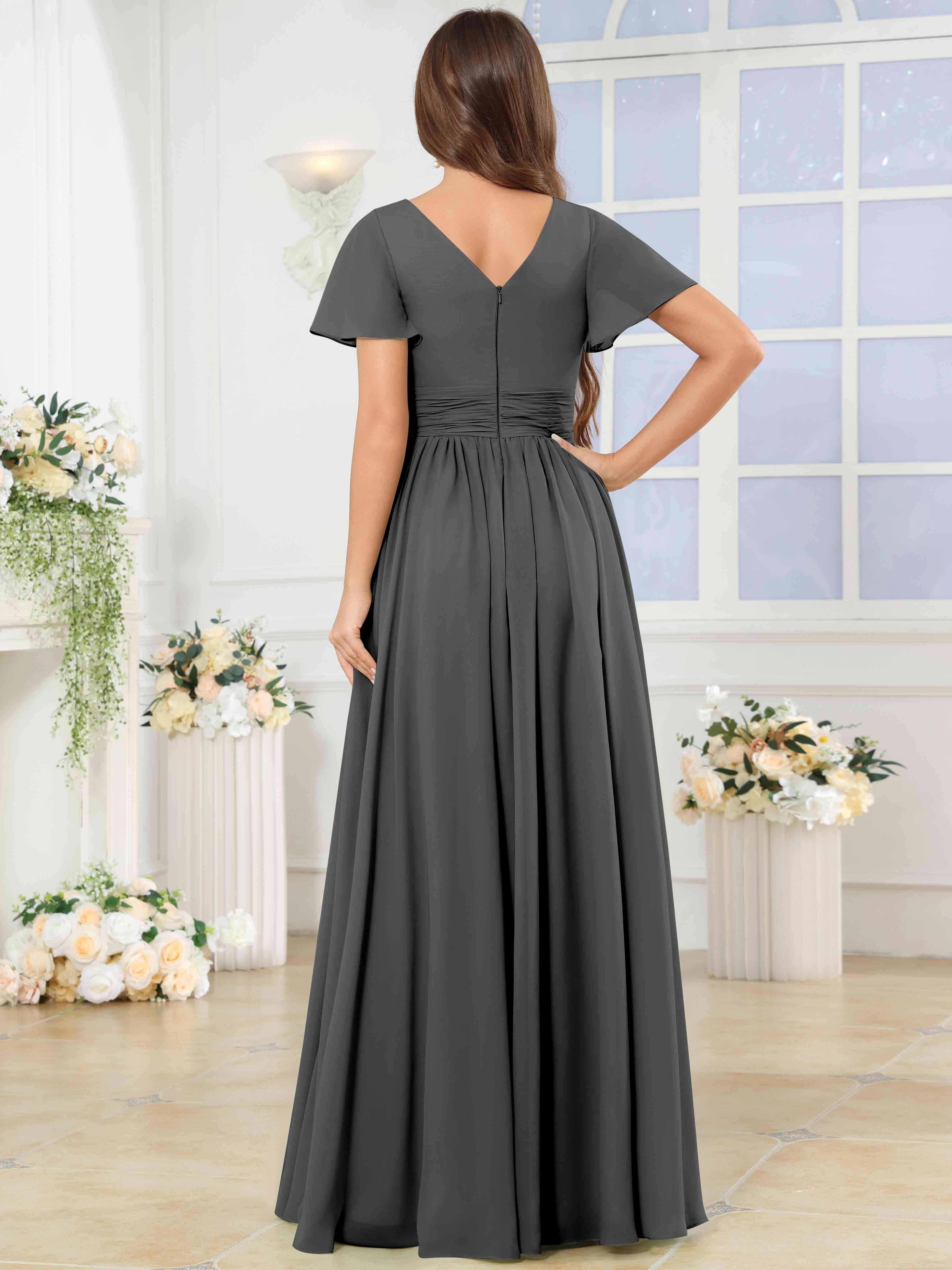 ROVDESY A-Line V-Neck Slit Pleated Ruffle Chiffon Bridesmaid Dress With Short Sleeves