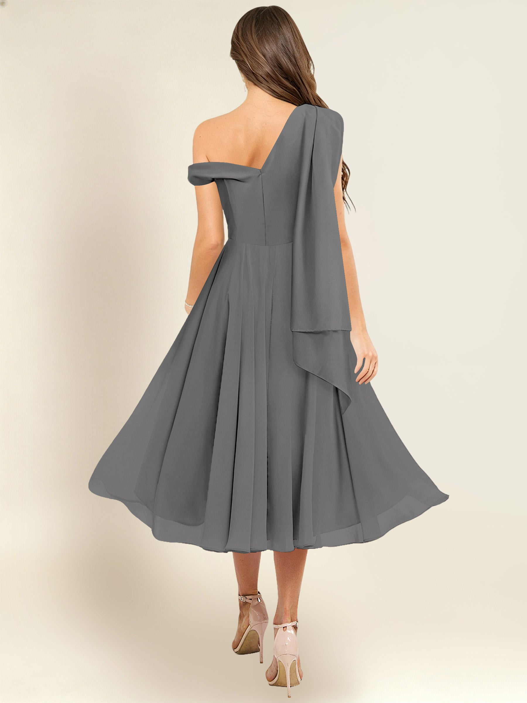 ROVDESY A-Line One Shoulder Pleated Chiffon Bridesmaid Dress With Flowing Sash