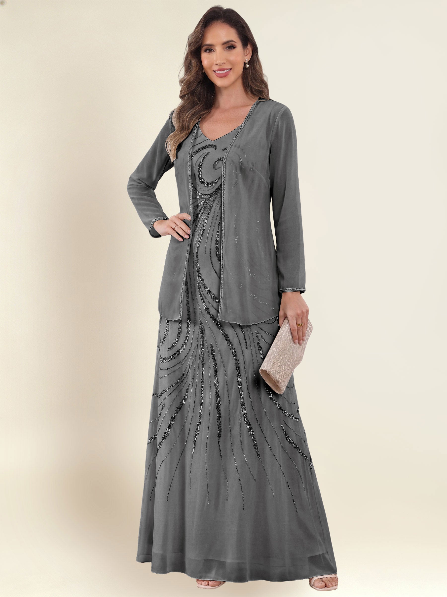 ROVDESY 2 Pieces V-Neck Sequin Chiffon Long Mother Of The Bride Dress With Long Sleeve Jacket