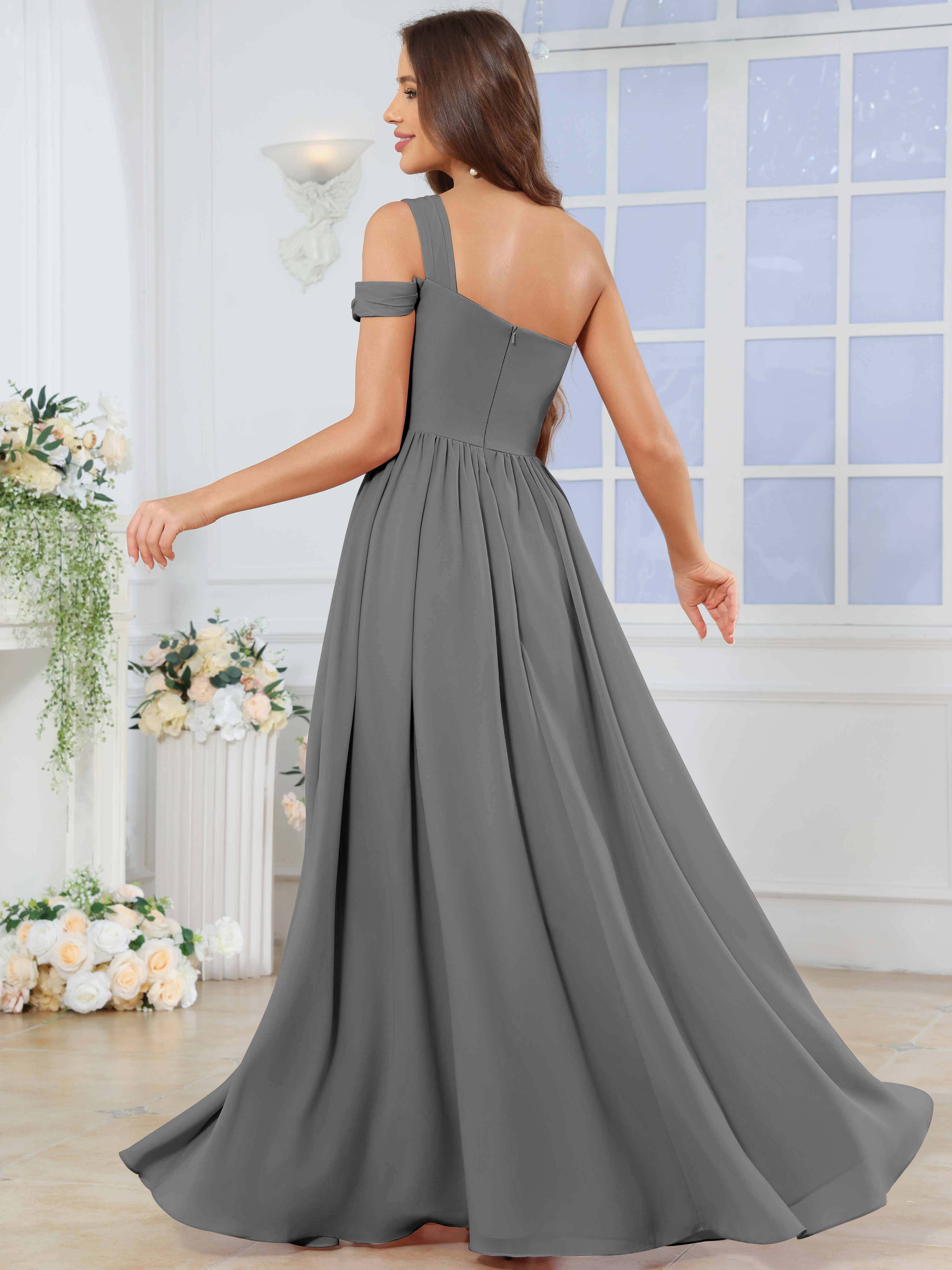 ROVDESY One Shoulder Pleated Chiffon Bridesmaid Dress With Slit