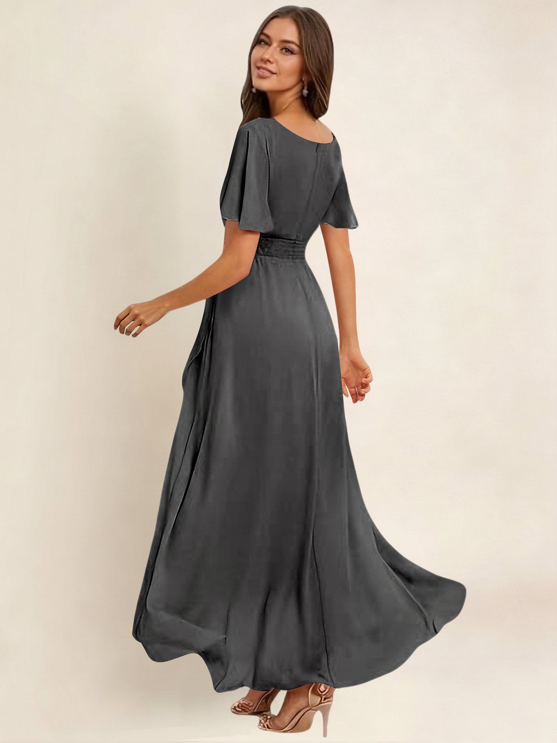 ROVDESY A-Line High Low Round Neck Pleated Ruffle Chiffon Bridesmaid Dress With Short Sleeves