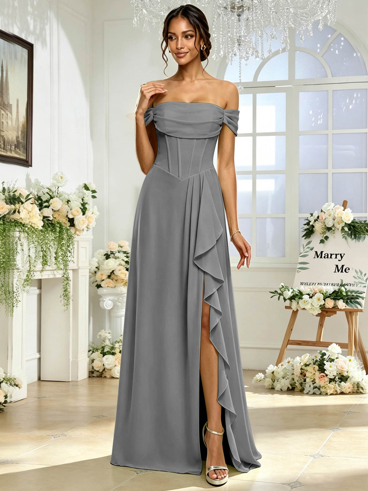 Off the Shoulder Chiffon A Line Long Bridesmaid Dress with Slit