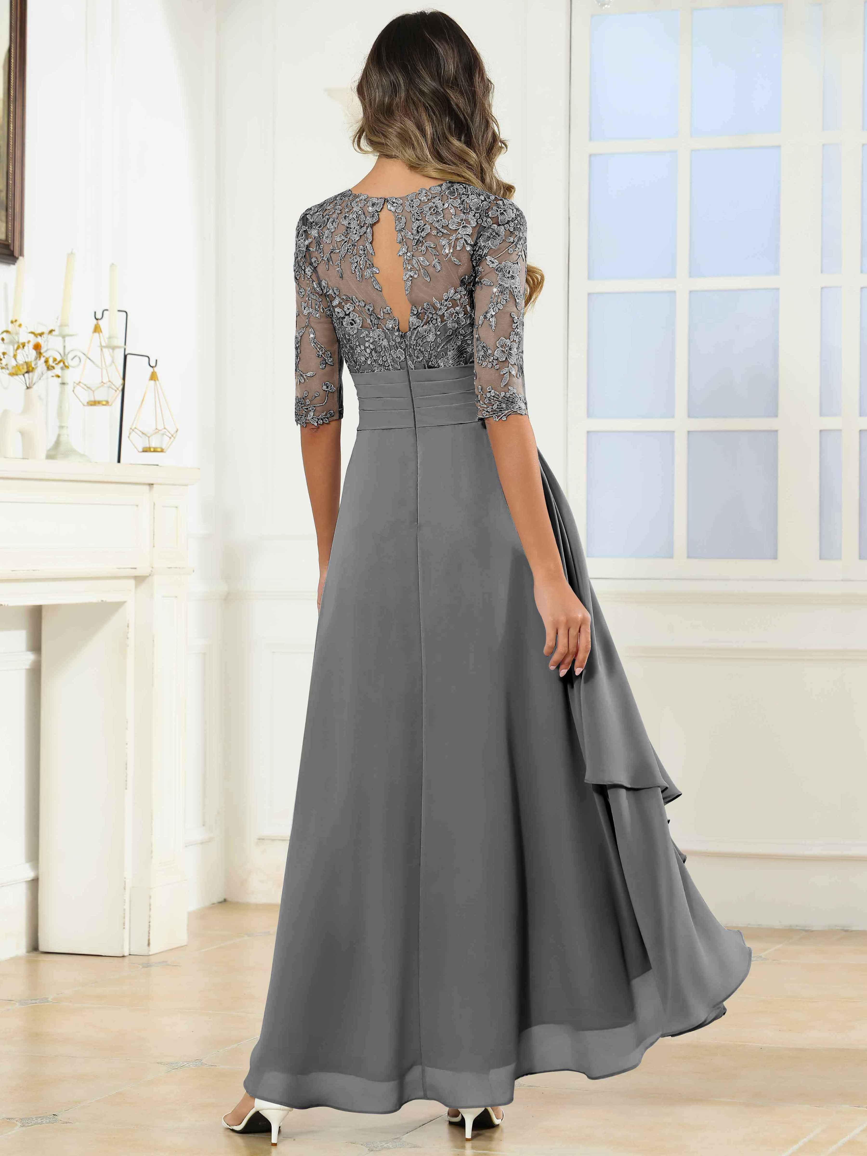 ROVDESY Tea Length A-Line Lace Chiffon Mother Of The Bride Dress With Half Sleeves
