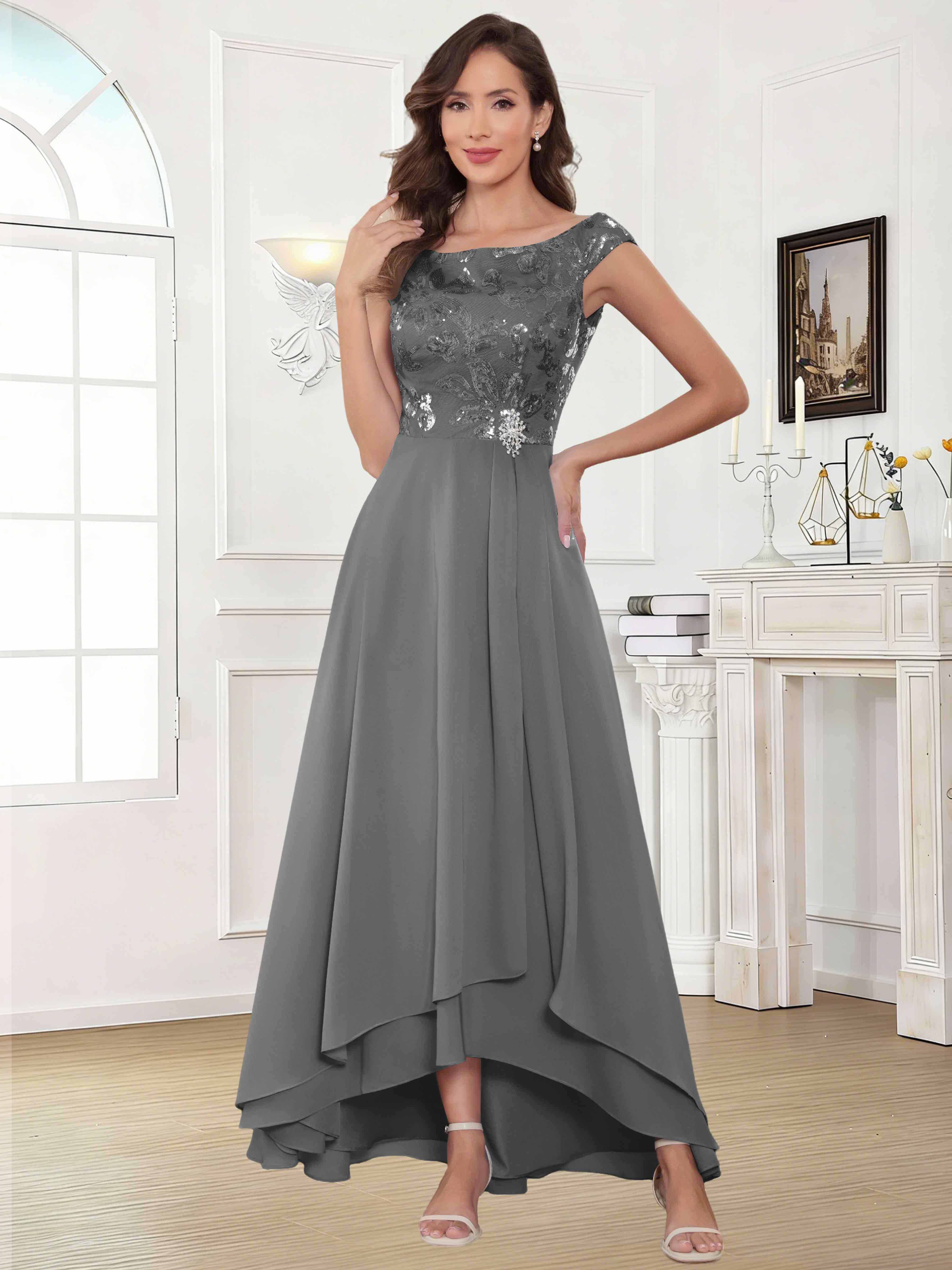 ROVDESY Tea Length Off-The-Shoulder Sequin Chiffon Mother Of The Bride Dress