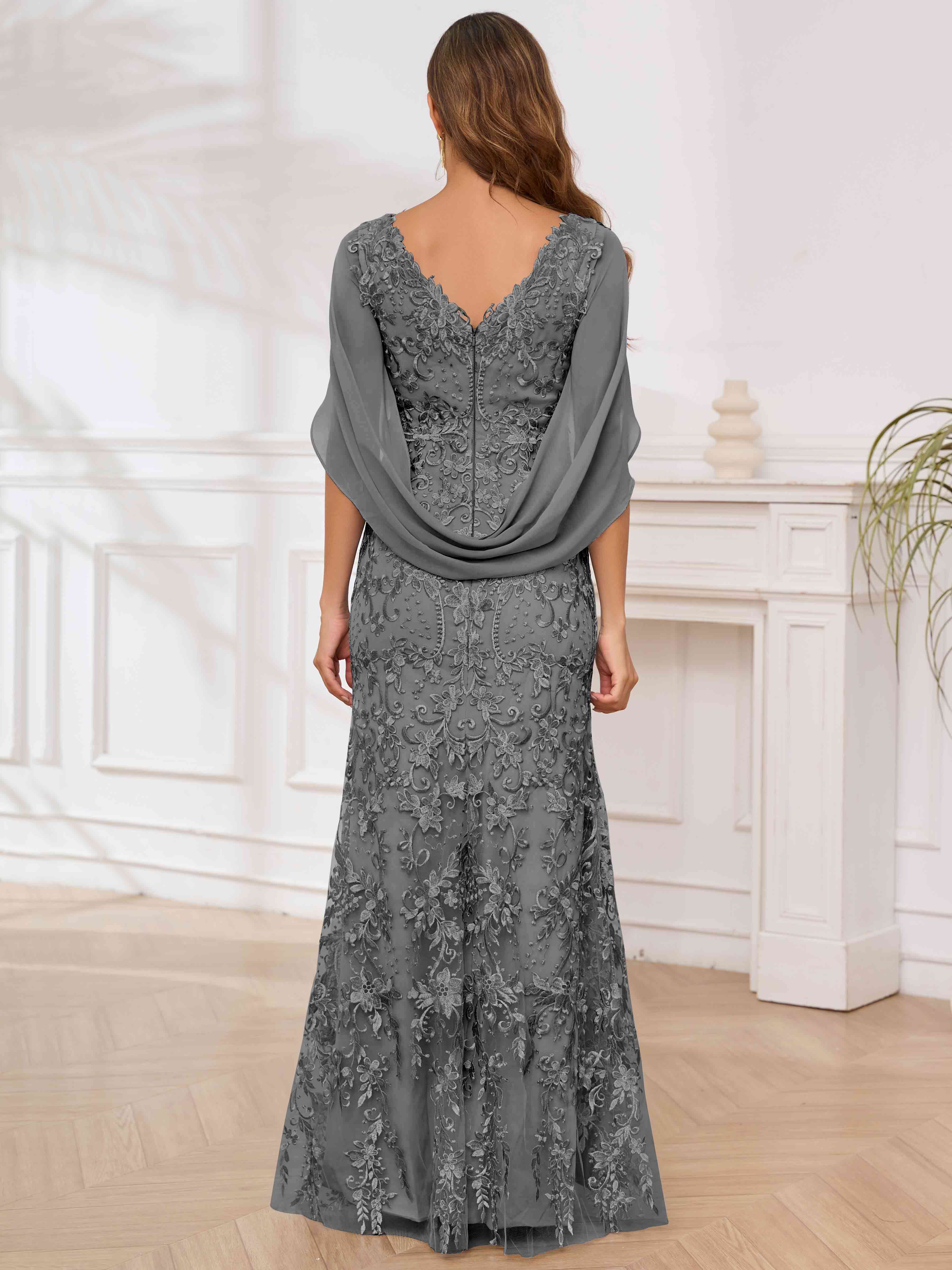 ROVDESY V-Neck Lace Mermaid Mother Of The Bride Dress With Cape Sleeves Long Formal Gown