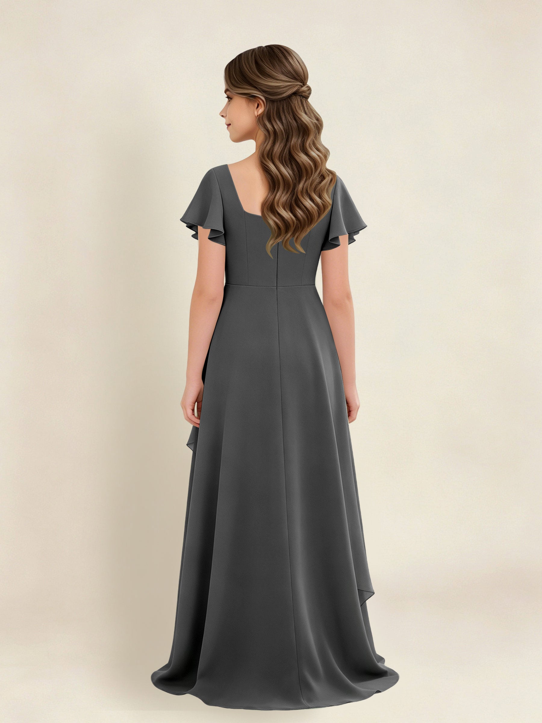 ROVDESY A-Line Square Neck Ruffle Chiffon Junior Bridesmaid Dress With Short Sleeves
