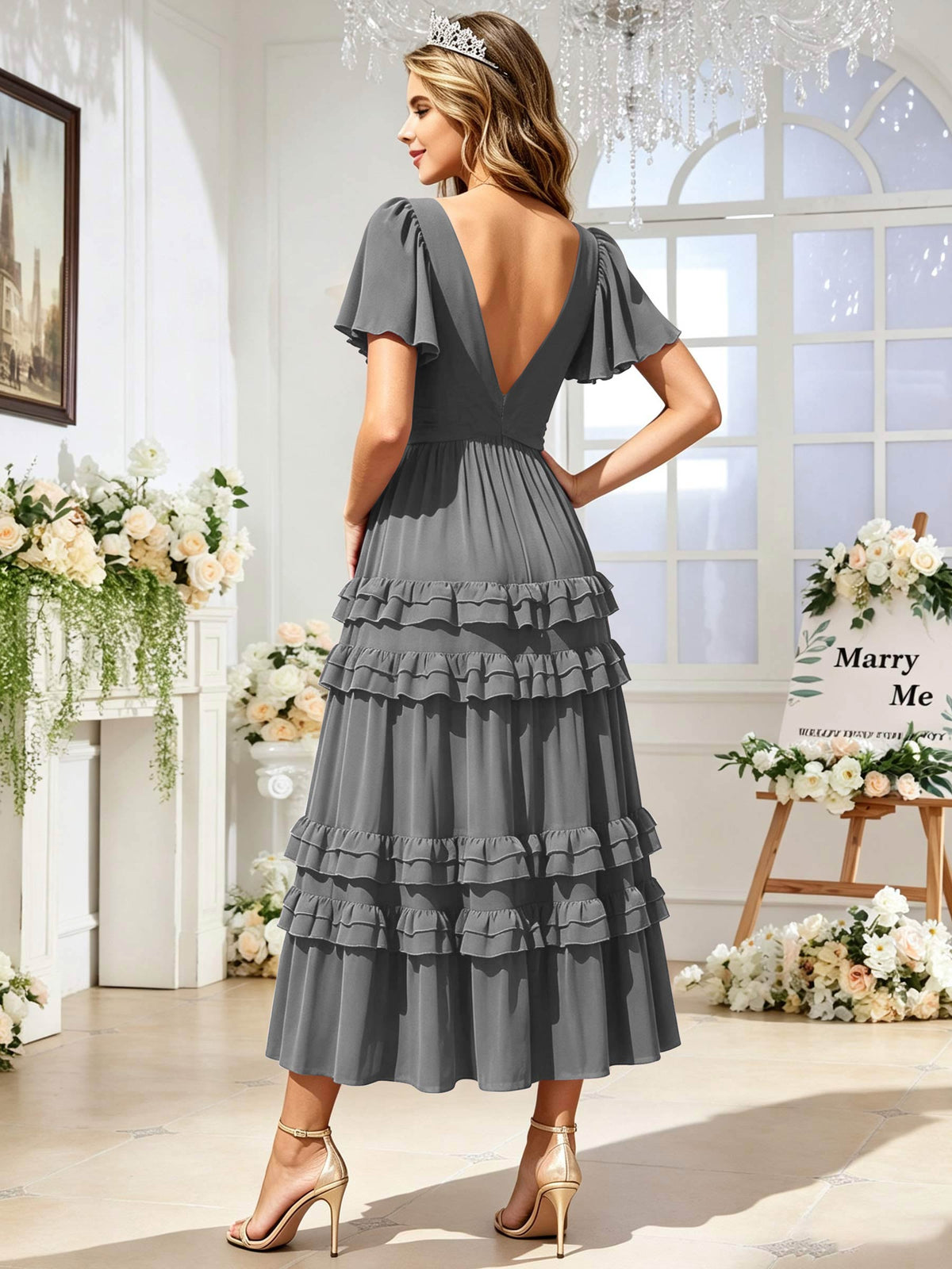 A Line Chiffon Pleated Bridesmaid Dress with Sleeves