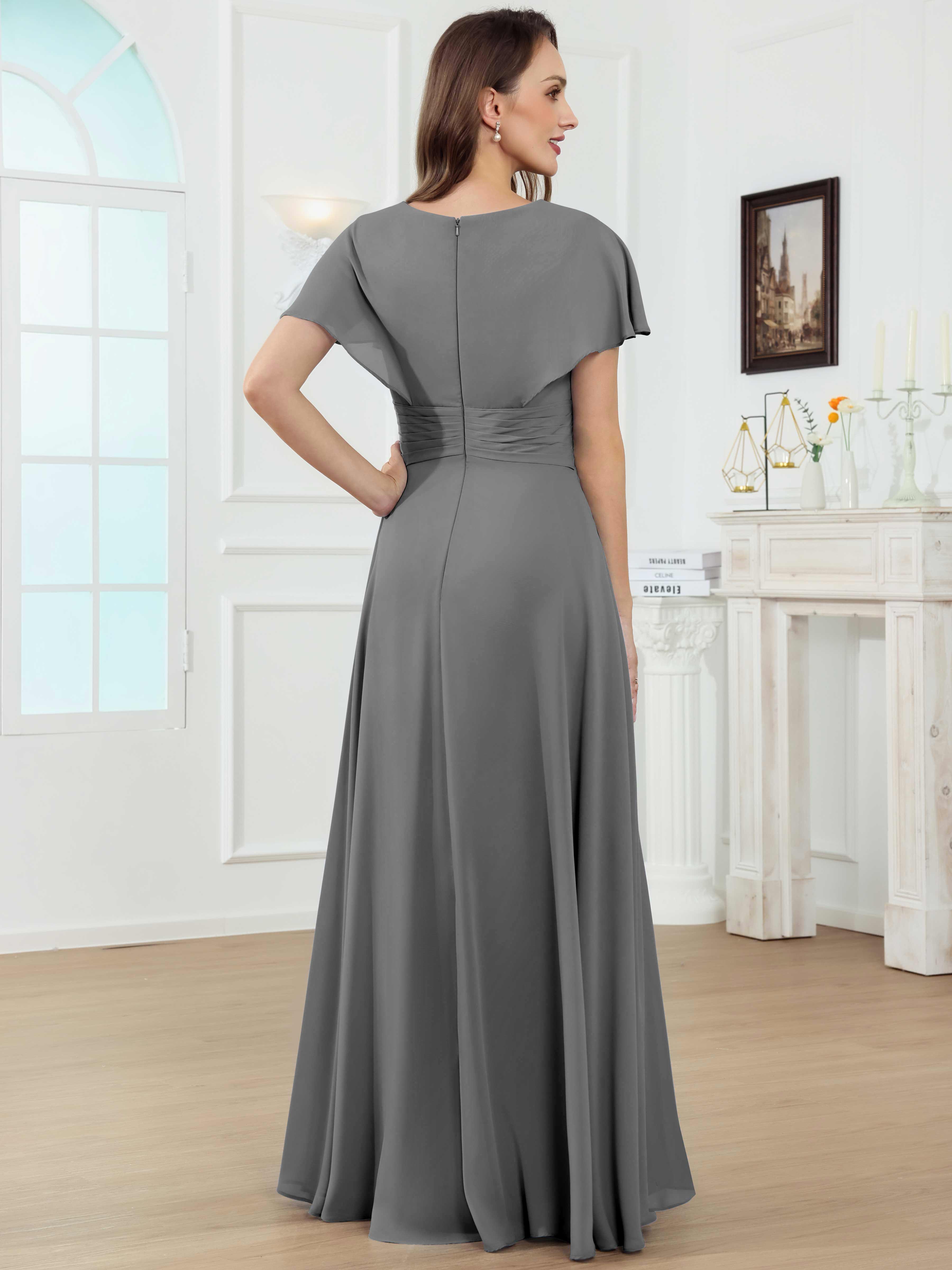 ROVDESY A-Line V-Neck Pleated Lace Chiffon Mother Of The Bride Dress With Short Sleeves