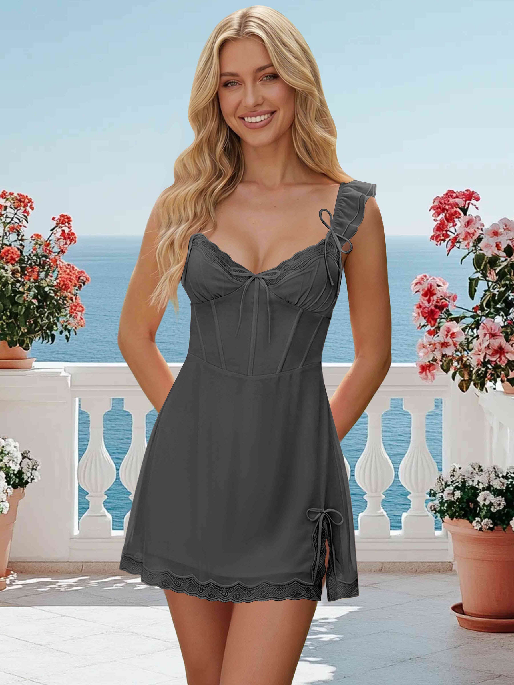 ROVDESY A-Line Ruffle Strap Lace Chiffon Homecoming Mini Dress With Side Bow Slit