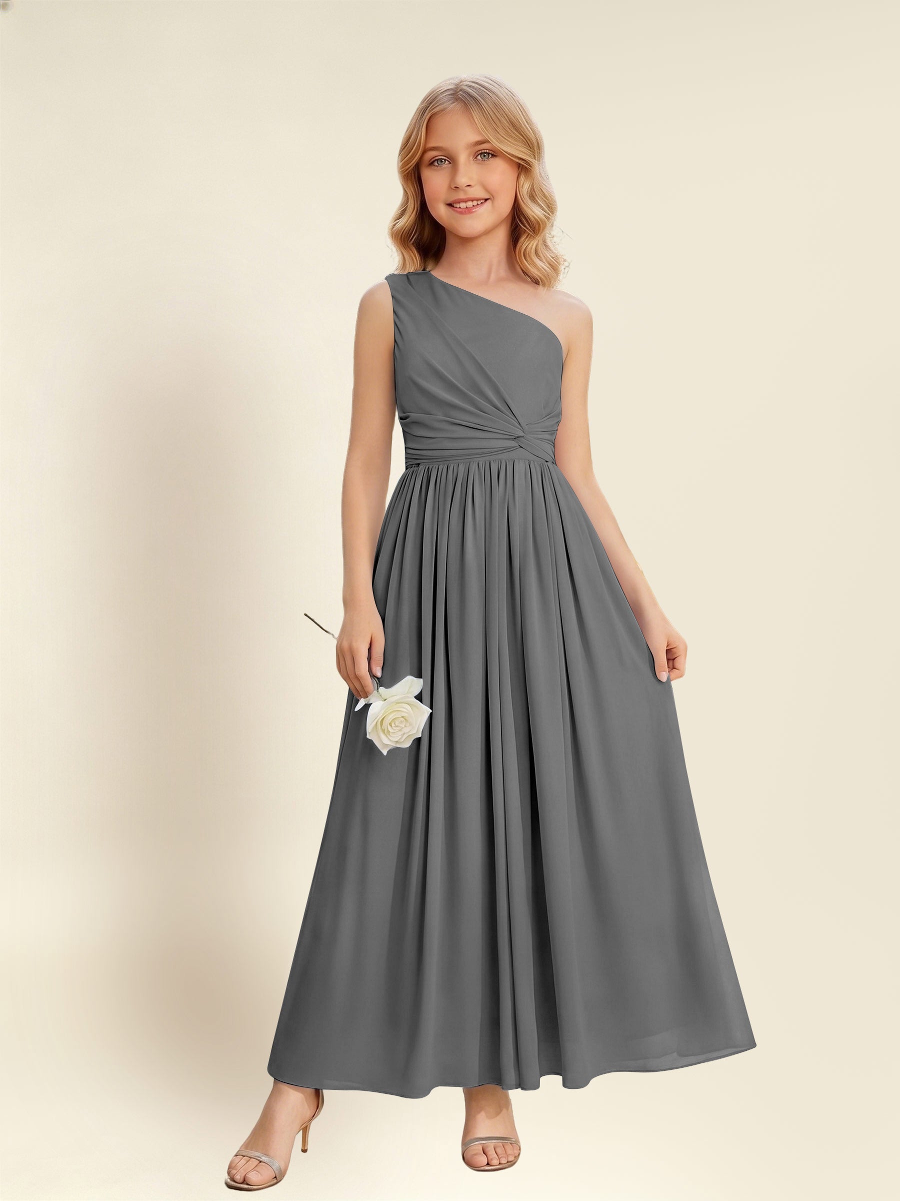 ROVDESY One Shoulder Twist Waist Chiffon Junior Bridesmaid Maxi Dress
