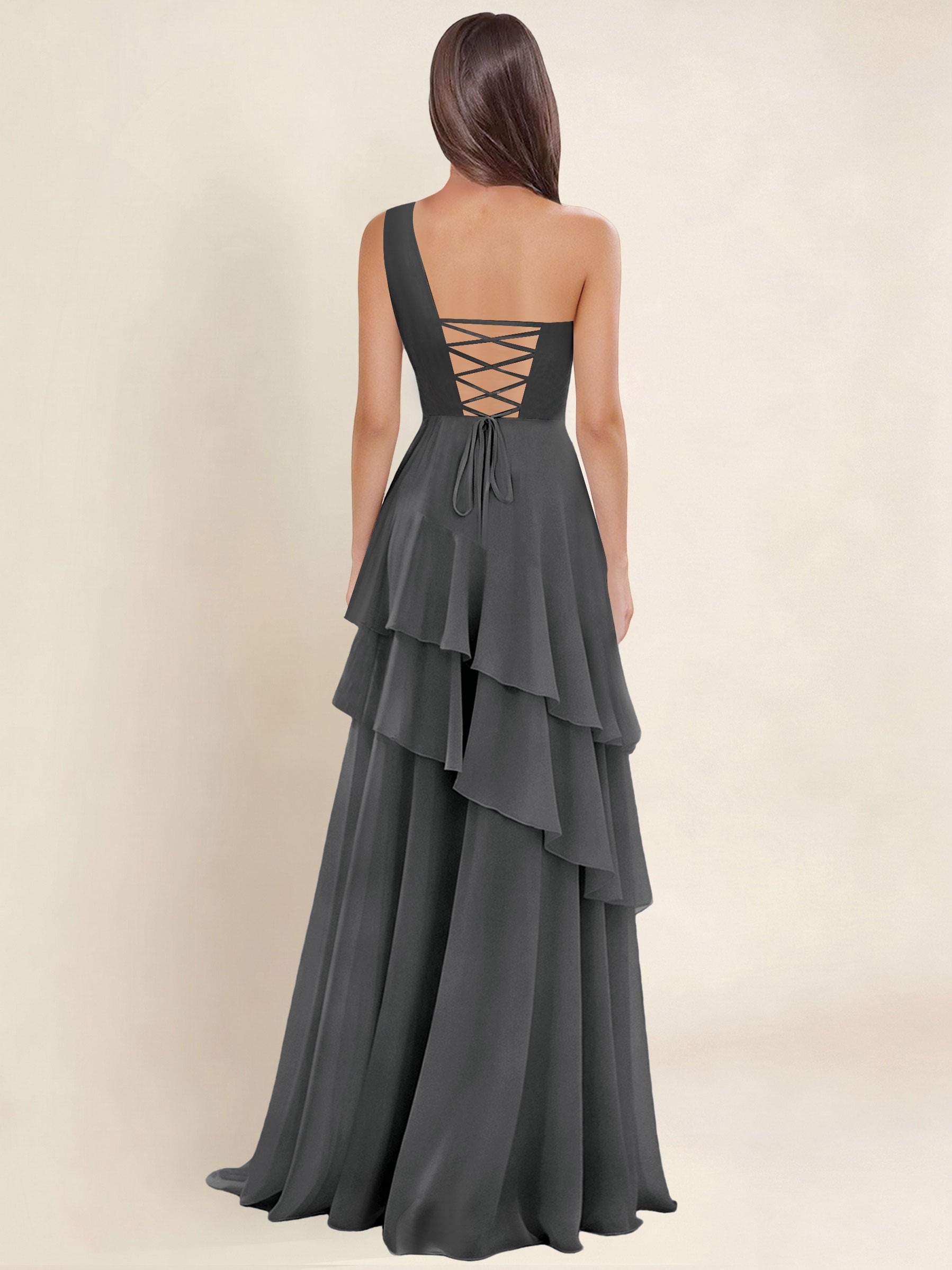 ROVDESY A-Line One Shoulder Pleated Tiered Chiffon Bridesmaid Dress