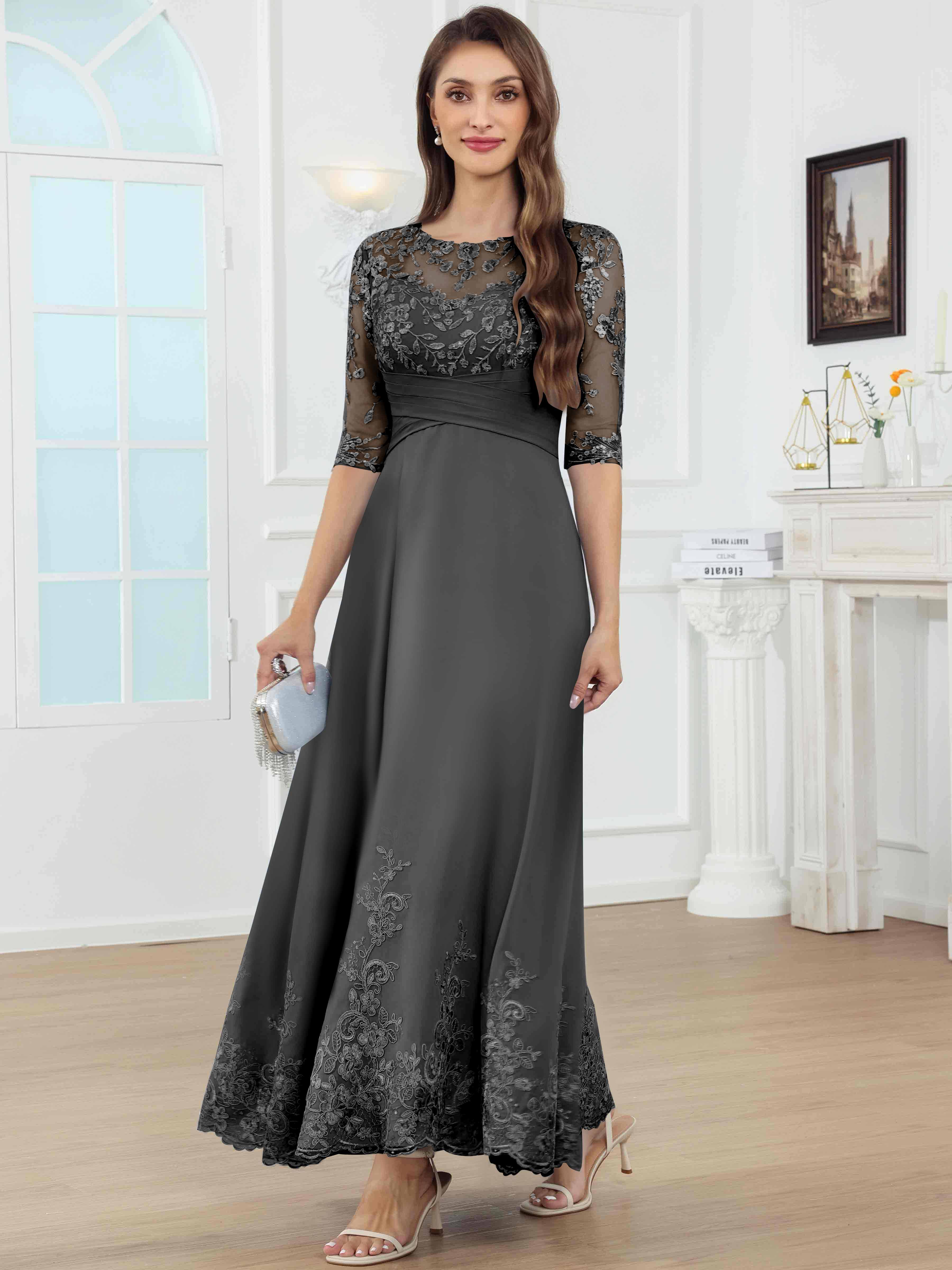 ROVDESY A-Line Lace Sequin Pleated Chiffon Mother Of The Bride Dress With Half Sleeves