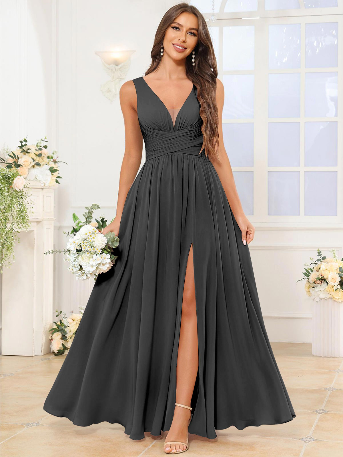 V Neck Chiffon A Line Bridesmaid Dress with Slit