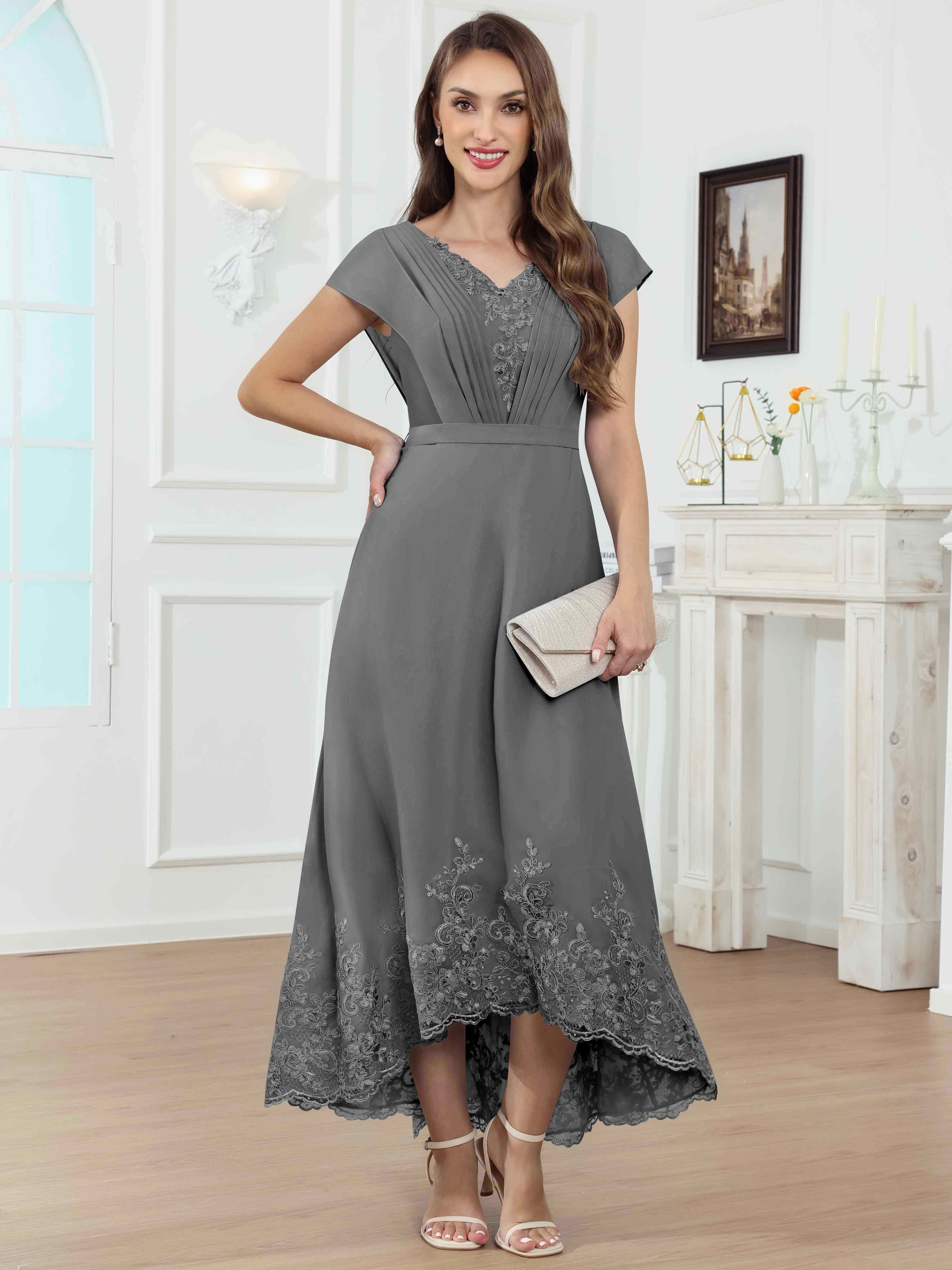 ROVDESY Tea Length High-Low V-Neck Ruched Lace Chiffon Mother of The Bride Dress for Women