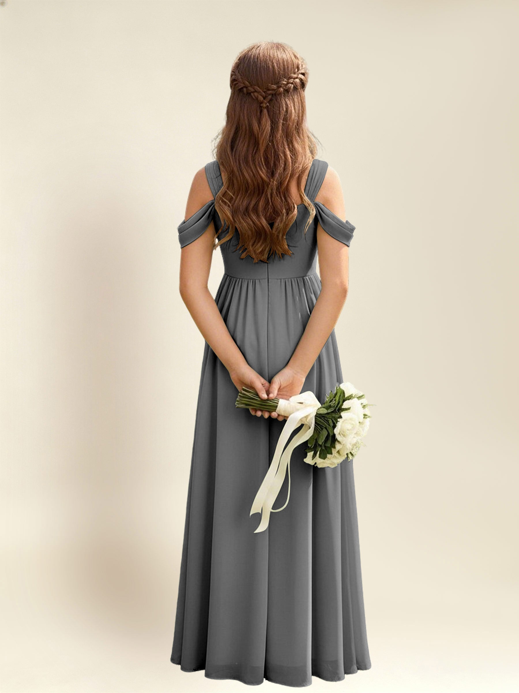ROVDESY A-Line Off The Shoulder Pleated Chiffon Junior Bridesmaid Dress
