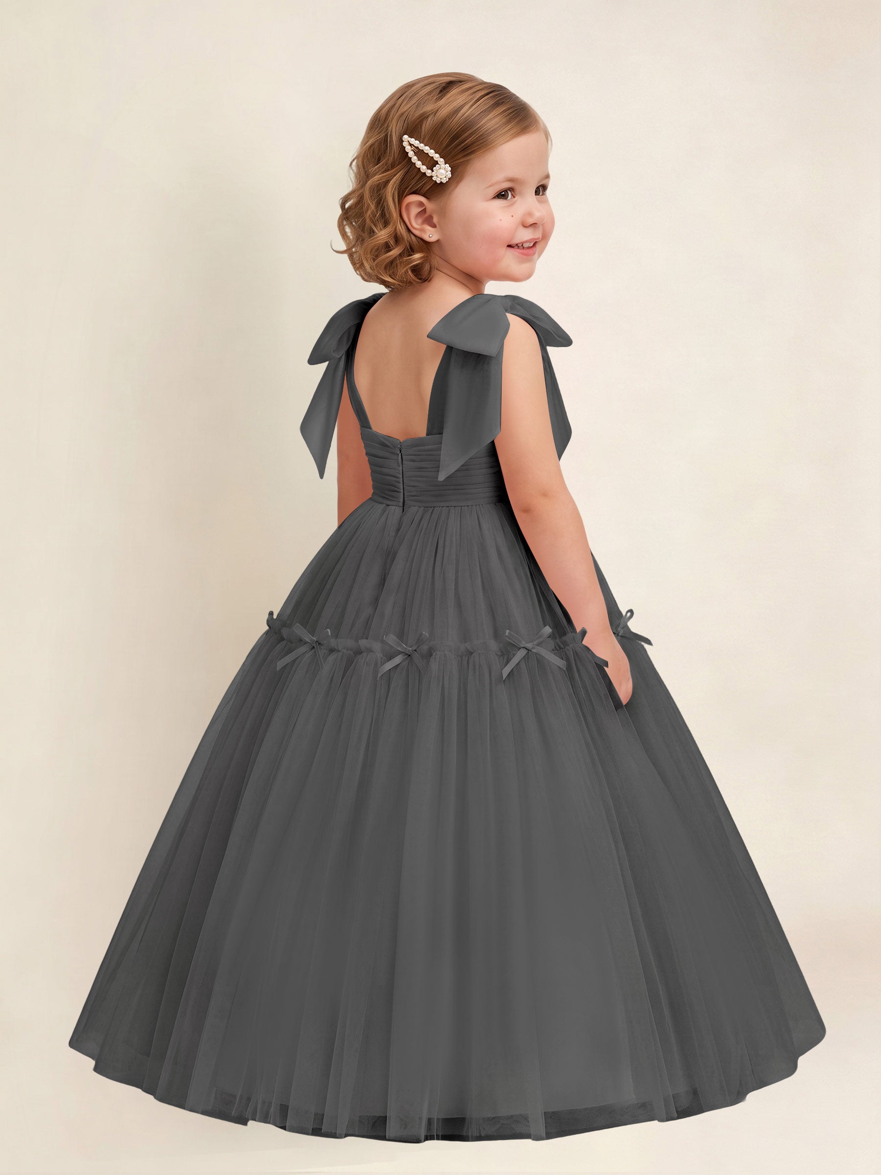 ROVDESY A-Line Tulle Flower Girl Dress With Bow Long Ball Gown Dress