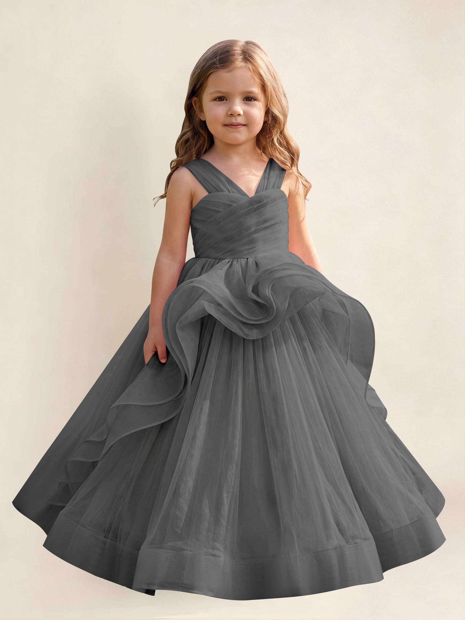 ROVDESY A-Line V-Neck Tulle Flower Girl Dress With Sleeveless Long Ball Gown Dress