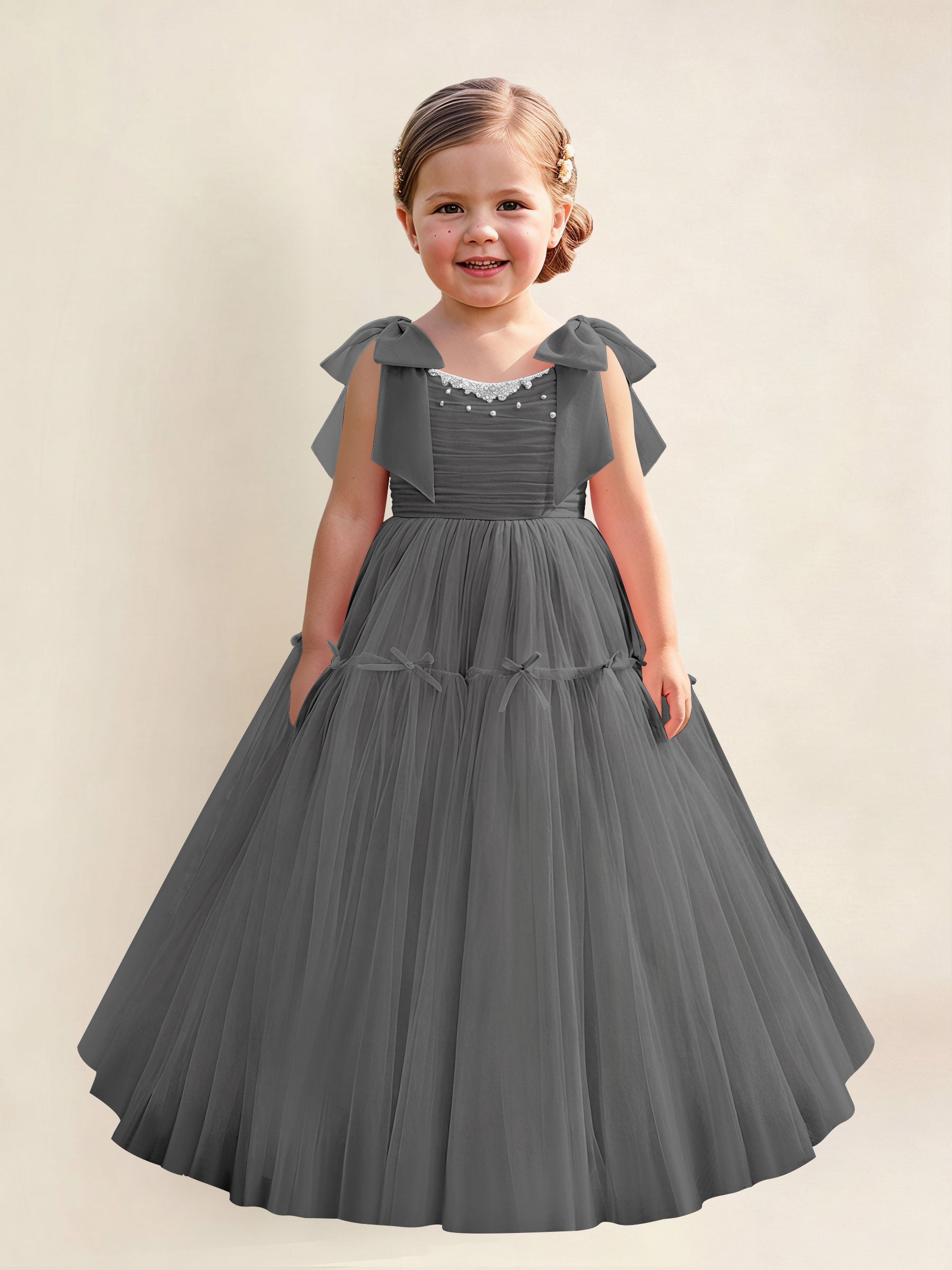 ROVDESY A-Line Tulle Flower Girl Dress With Bow Long Ball Gown Dress