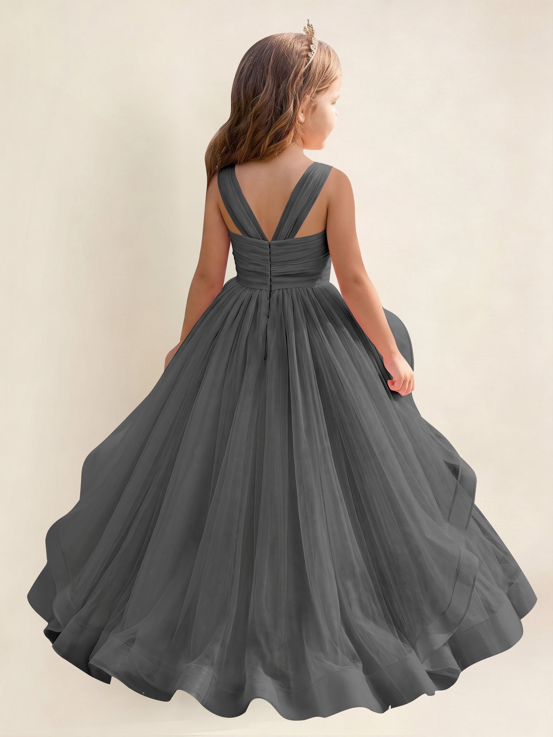 ROVDESY A-Line V-Neck Tulle Flower Girl Dress With Sleeveless Long Ball Gown Dress