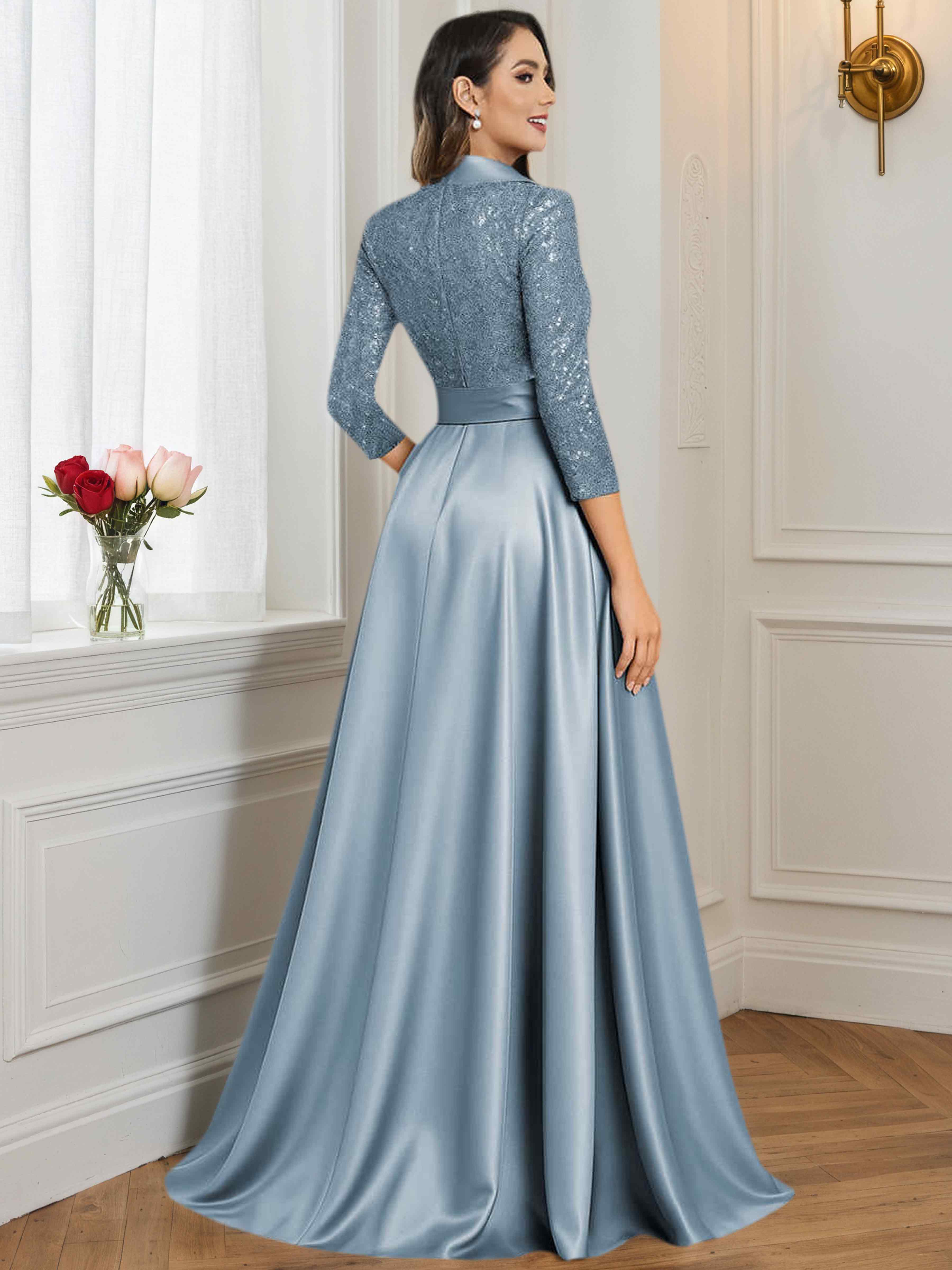 ROVDESY A-Line V Neck Sequin Satin  Long Mother of The Bride Dress Formal Gown With 3/4 Sleeves