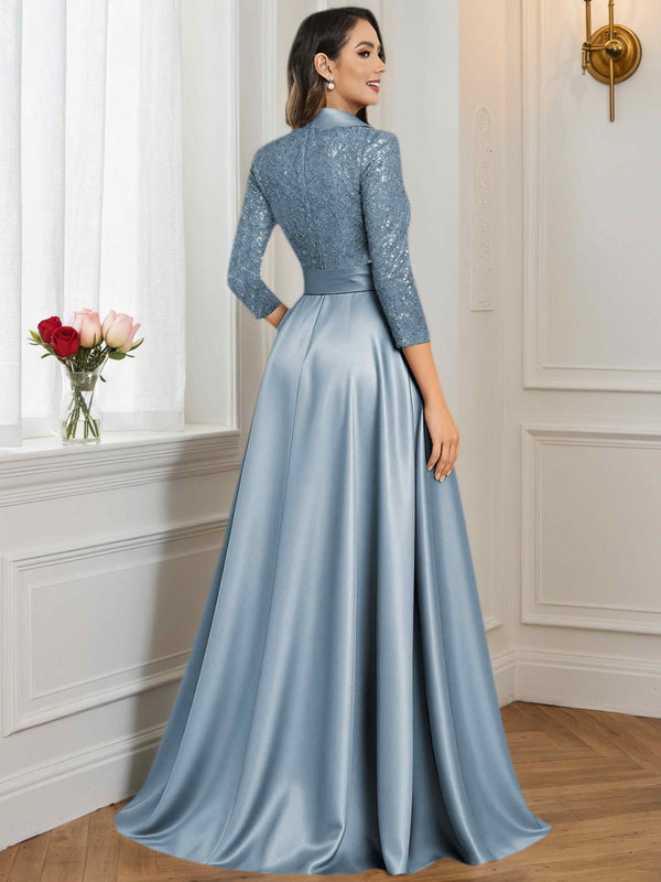 A-Line V Neck Sequin Satin  Long Mother of The Bride Dress Formal Gown With 3/4 Sleeves
