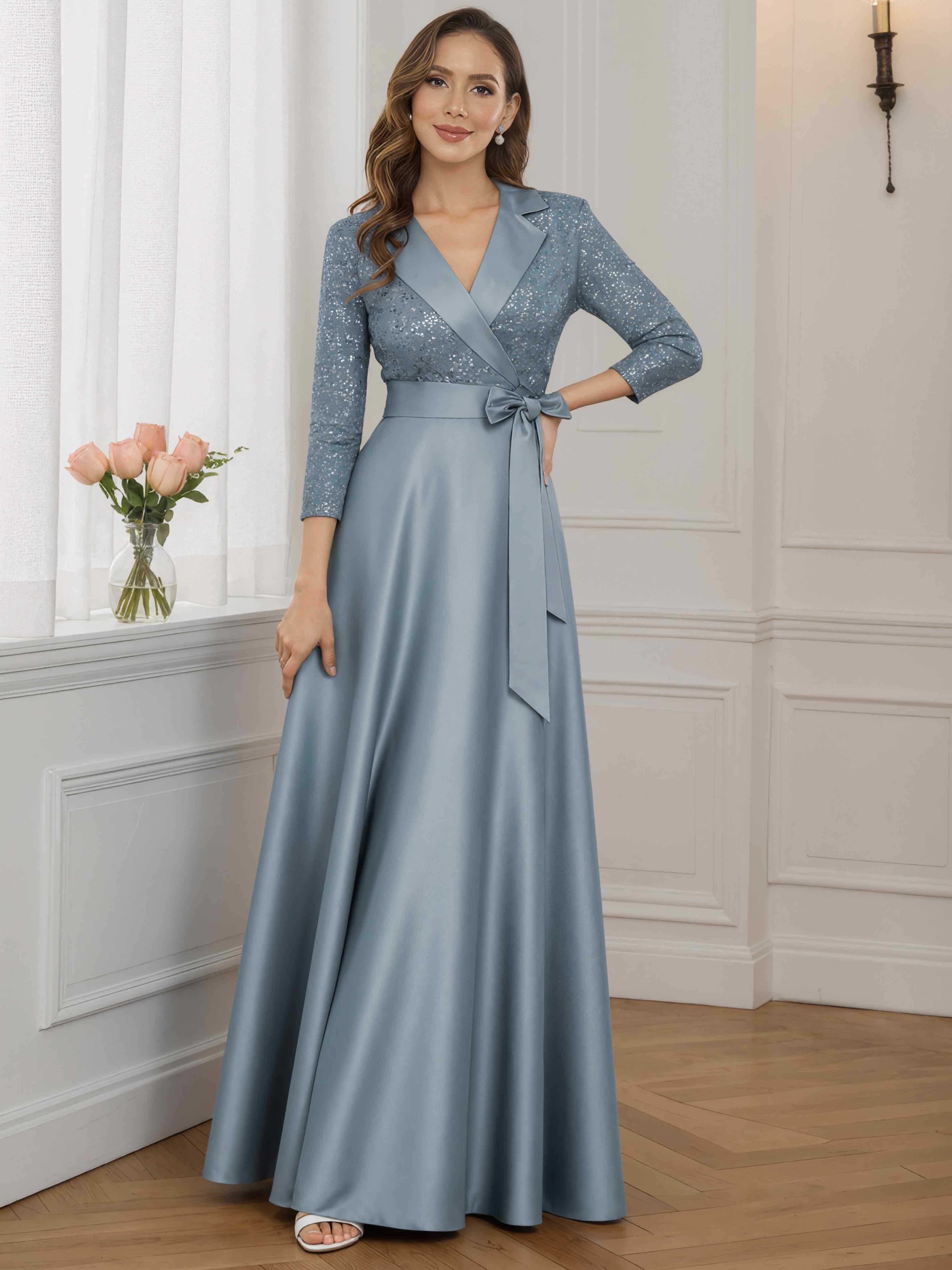 ROVDESY A-Line V Neck Sequin Satin  Long Mother of The Bride Dress Formal Gown With 3/4 Sleeves