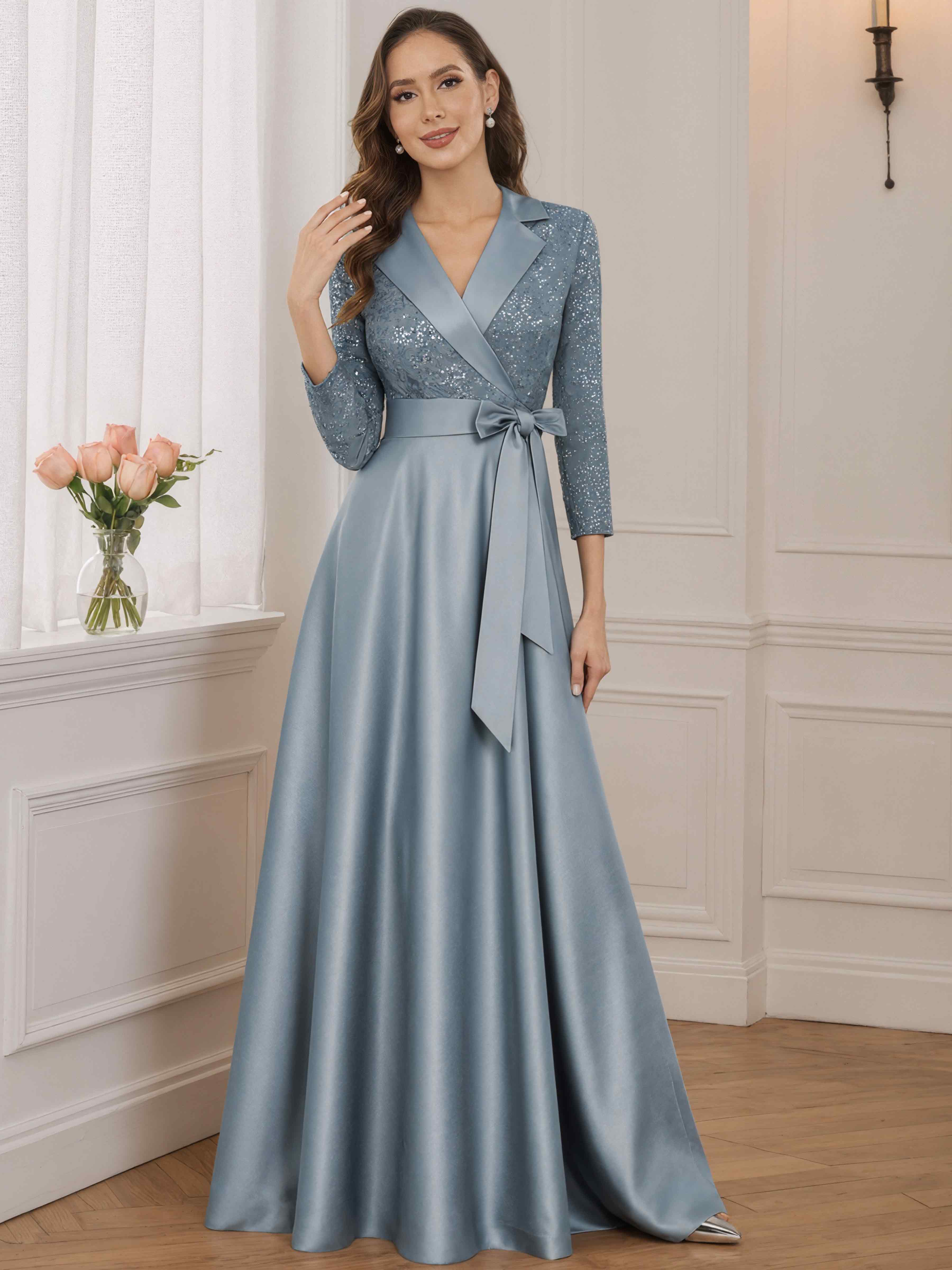 ROVDESY A-Line V Neck Sequin Satin  Long Mother of The Bride Dress Formal Gown With 3/4 Sleeves