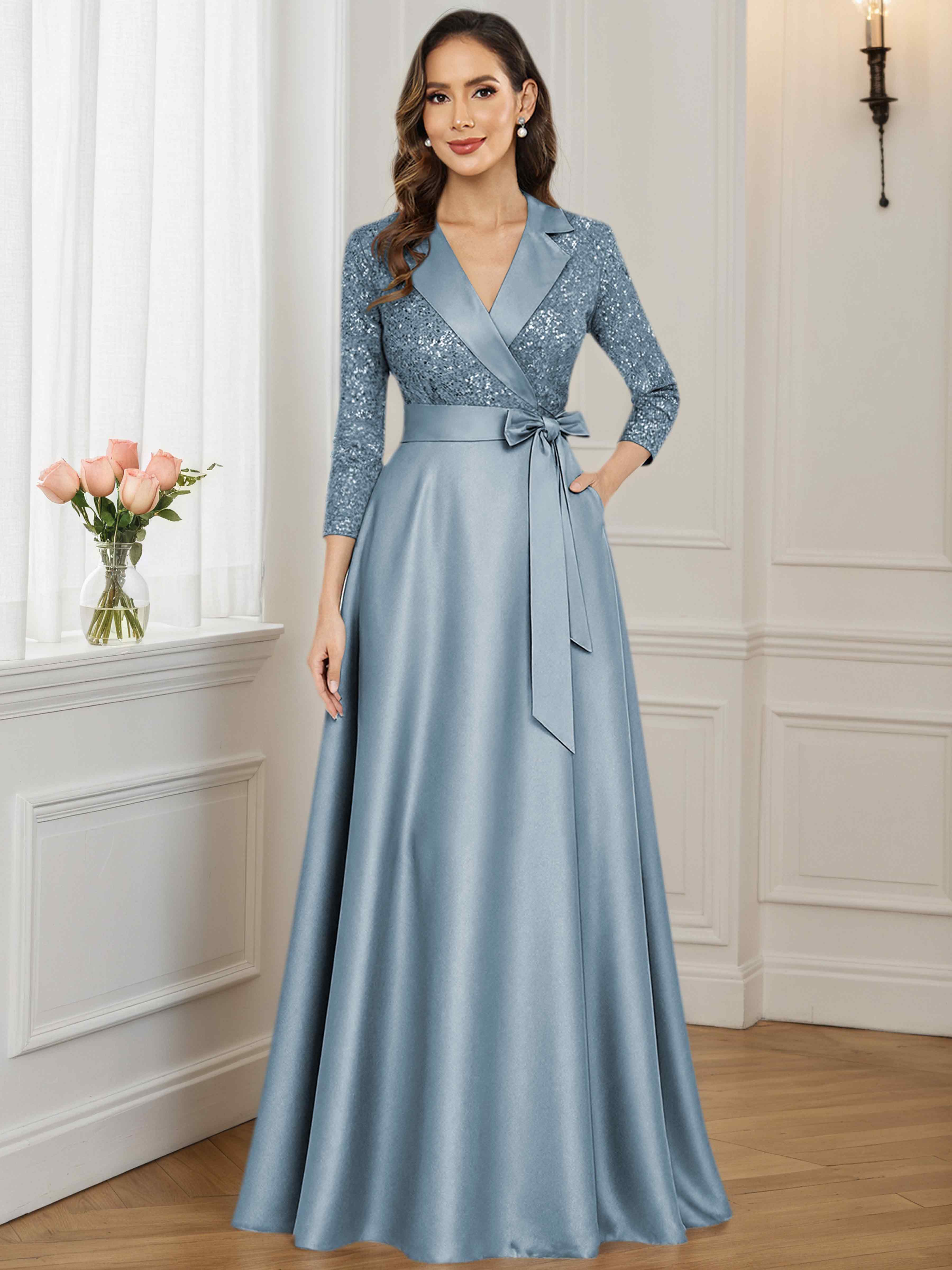 ROVDESY A-Line V Neck Sequin Satin  Long Mother of The Bride Dress Formal Gown With 3/4 Sleeves