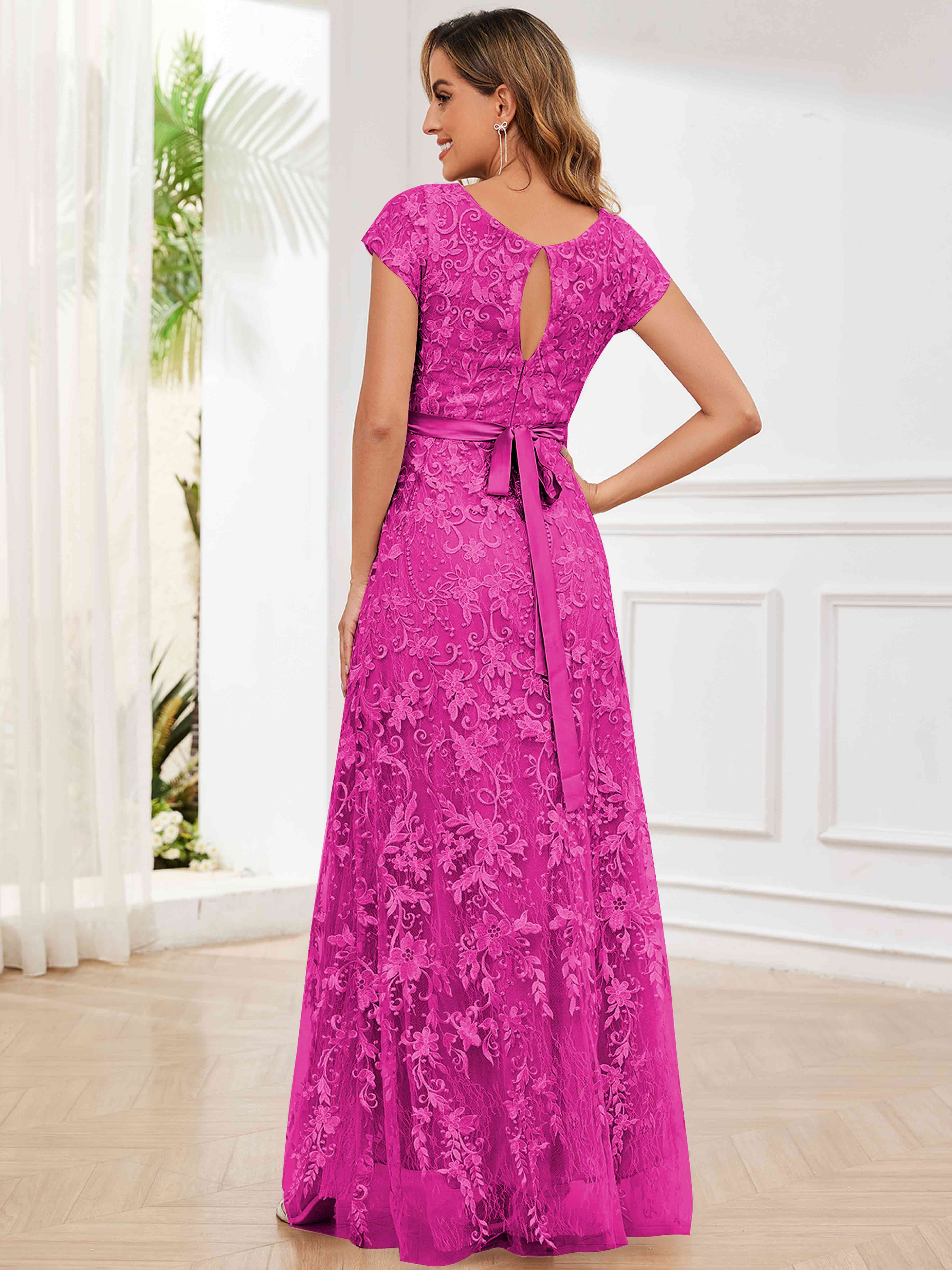 ROVDESY Elegant Lace Mother Of The Bride Dress With Short Sleeves Formal Gown